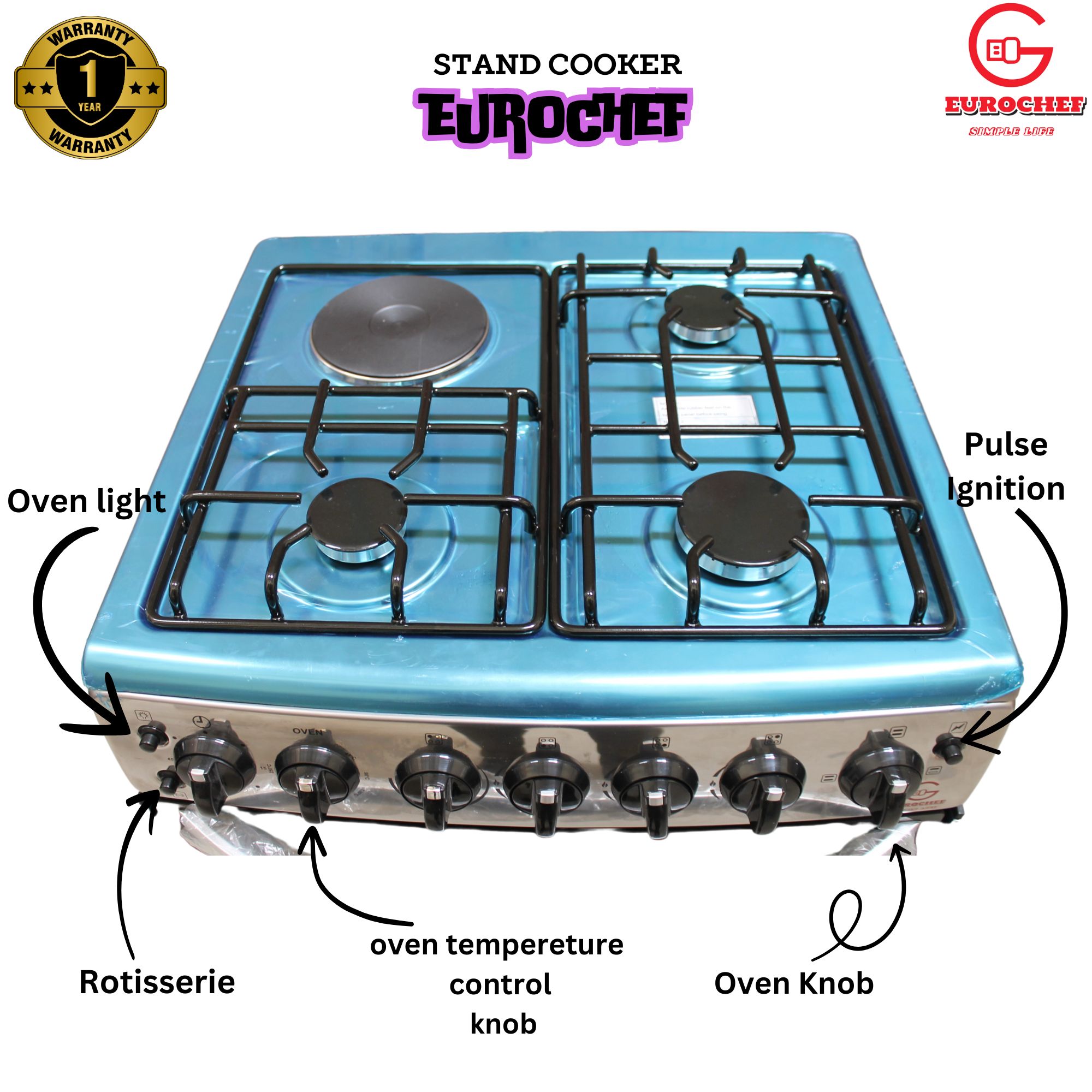 EUROCHEF EG65-3G1E-E OVEN Free Standing 3 Gas Cooker+1 Hotplate With Electric Oven Cooker