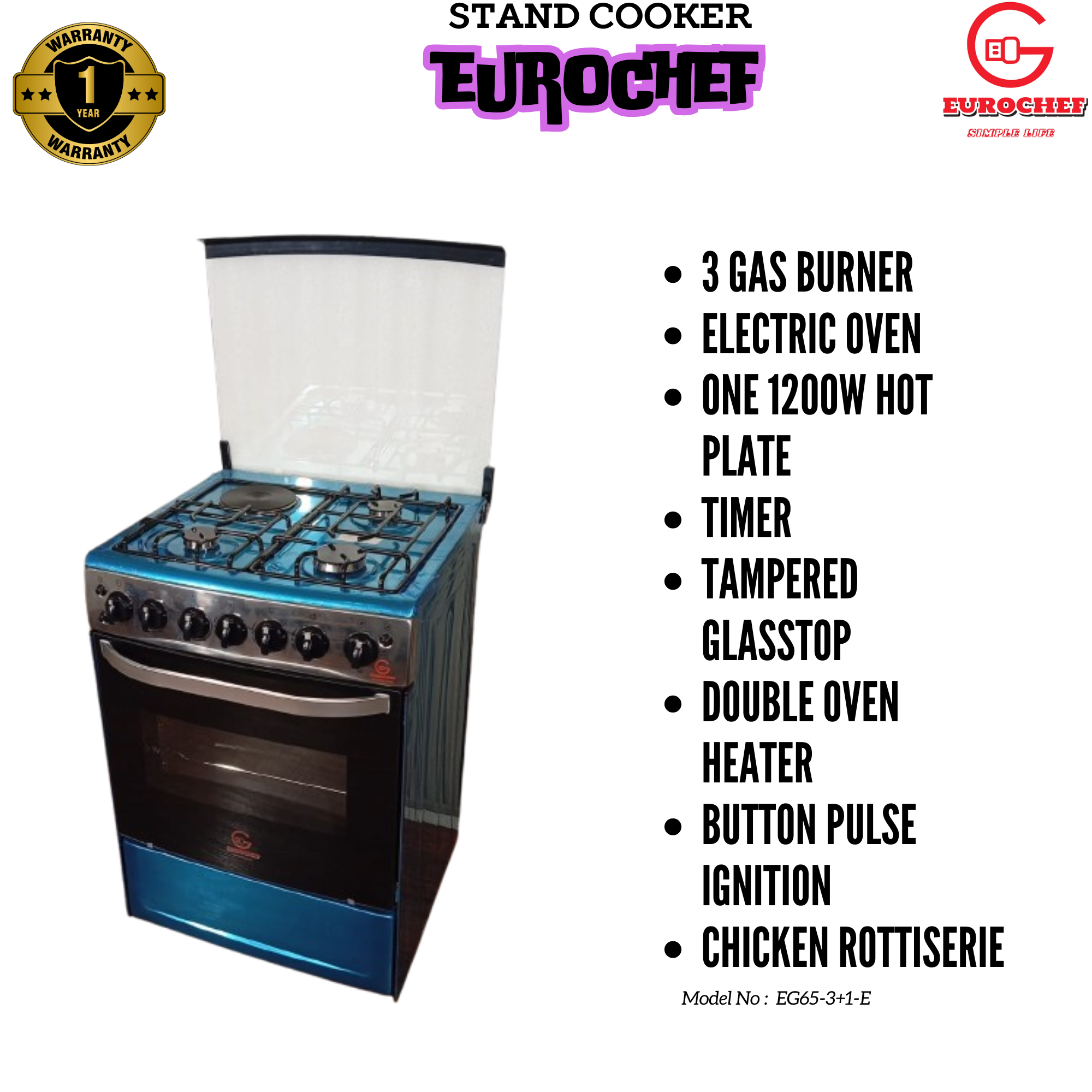 EUROCHEF EG65-3G1E-E OVEN Free Standing 3 Gas Cooker+1 Hotplate With Electric Oven Cooker