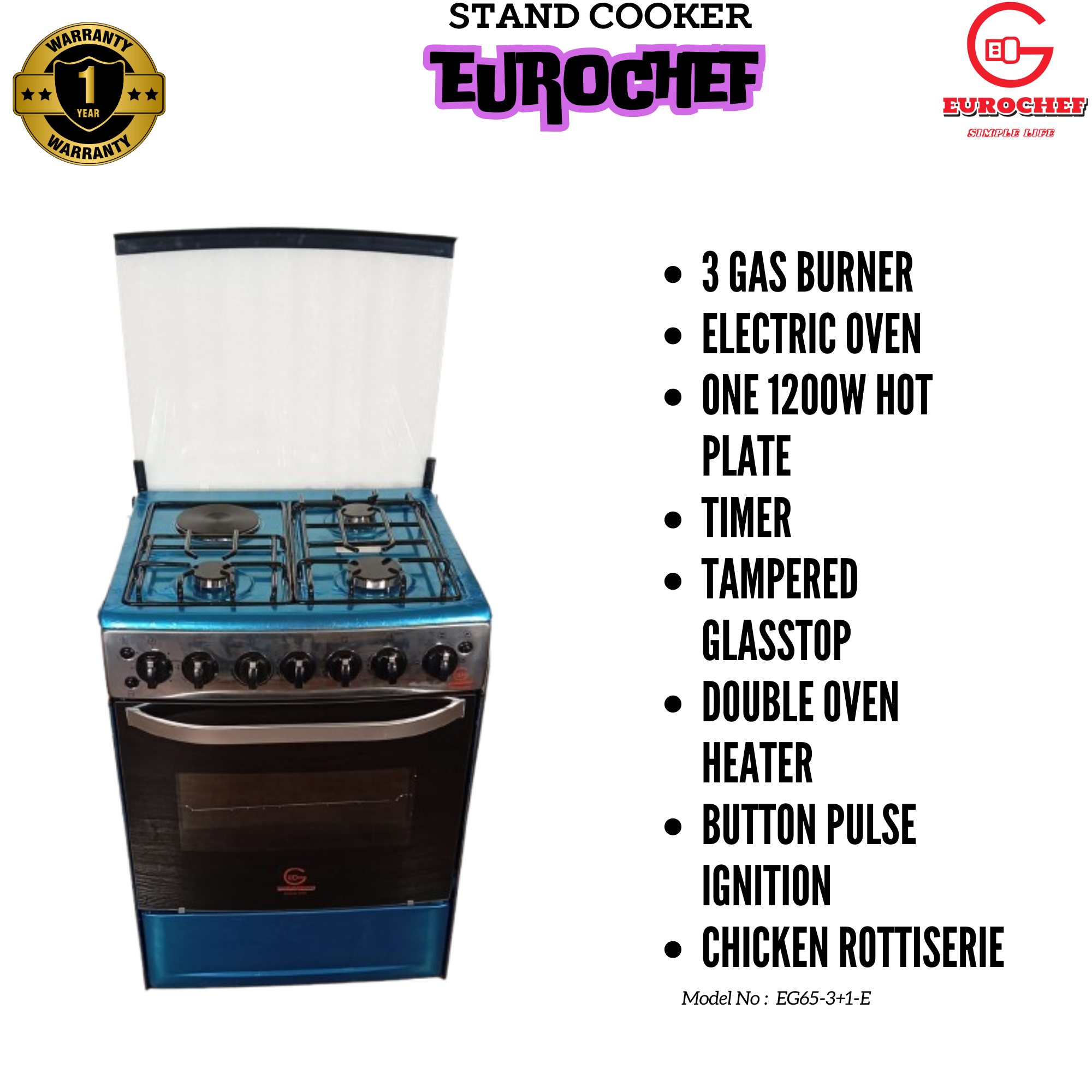 EUROCHEF EG65-3G1E-E OVEN Free Standing 3 Gas Cooker+1 Hotplate With Electric Oven Cooker