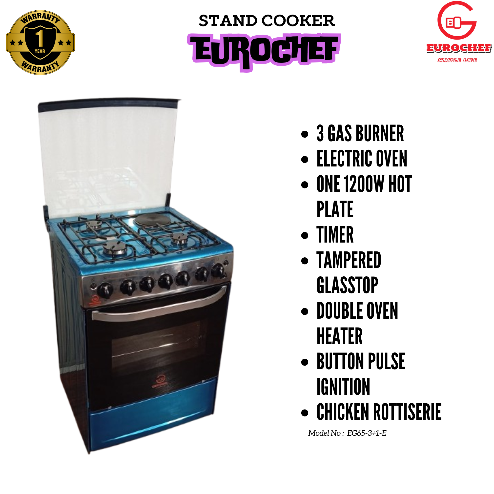 【Exclusive Offer】 EUROCHEF EGT65-3G1E-E  67L  HOME IMPROVEMENT FREE STANDING 3 GAS+ 1 HOTPLATE COOKER   KITCHEN APPLIANCE WITH ELECTRIC OVEN