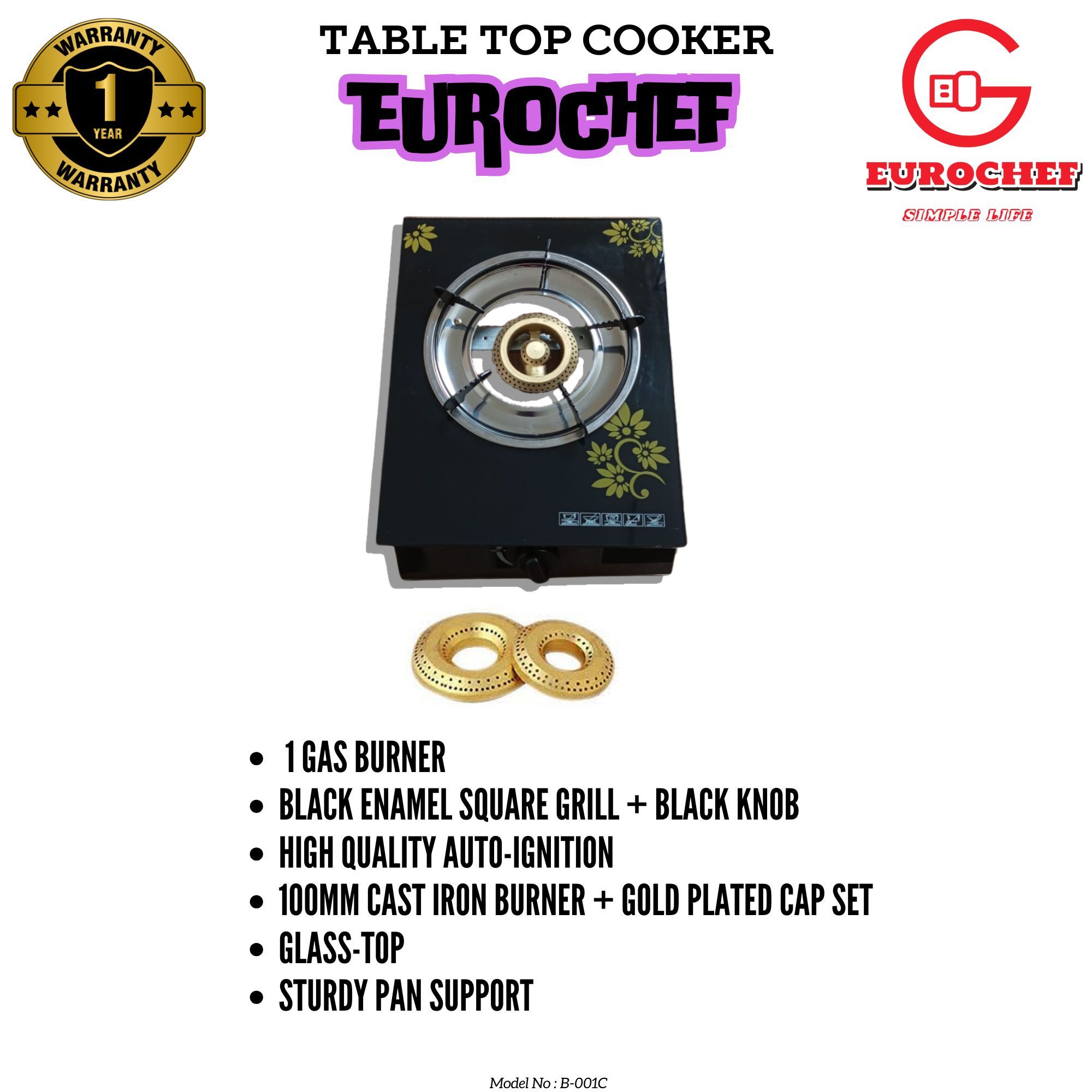EUROCHEF B-001C  Table top Gas Stove cooker with One / Single Burner with Glasstop