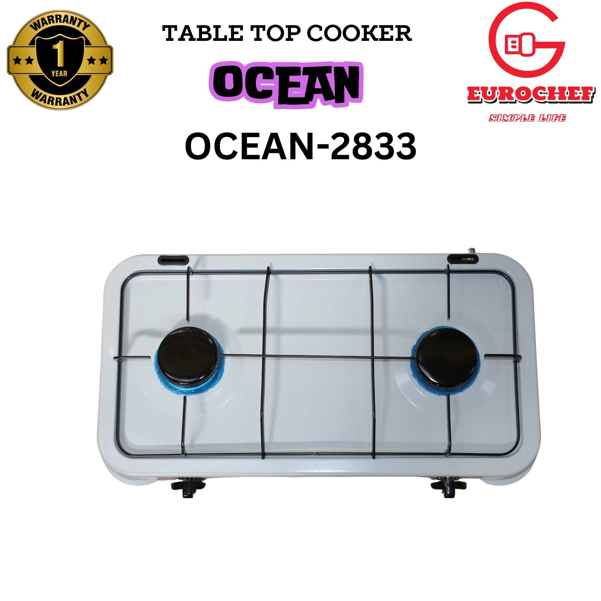 Ocean 2833 DELUXE OCEAN DOUBLE (2) /TWO BURNER STAINLESS STEEL TABLE TOP GAS STOVE- WHITE