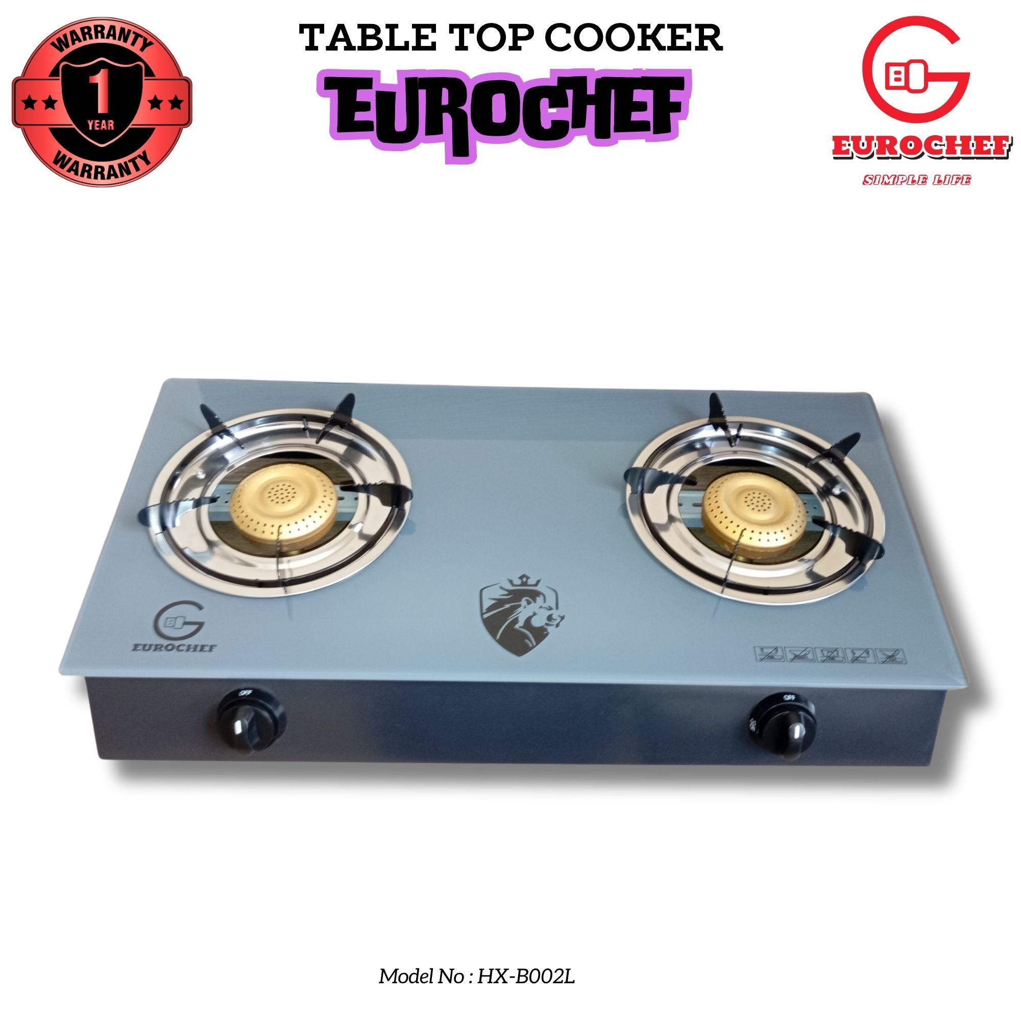 EUROCHEF HX-B002L  TWO BURNER  GLASS-TOP TABLE COOKER - GREY