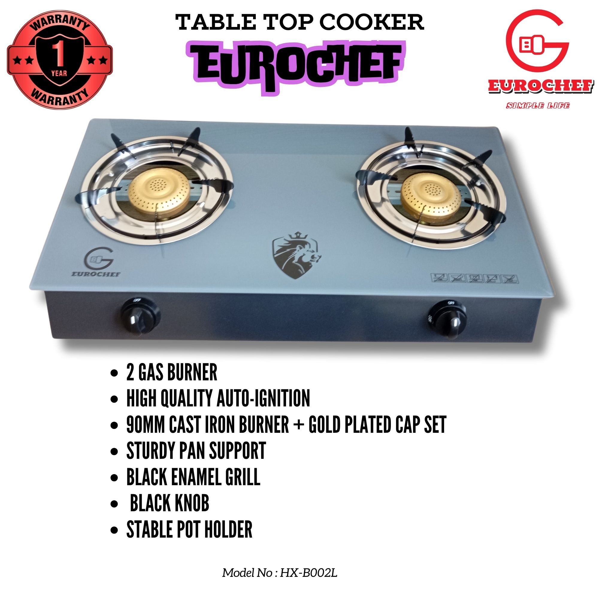 EUROCHEF HX-B002L  TWO BURNER  GLASS-TOP TABLE COOKER - GREY
