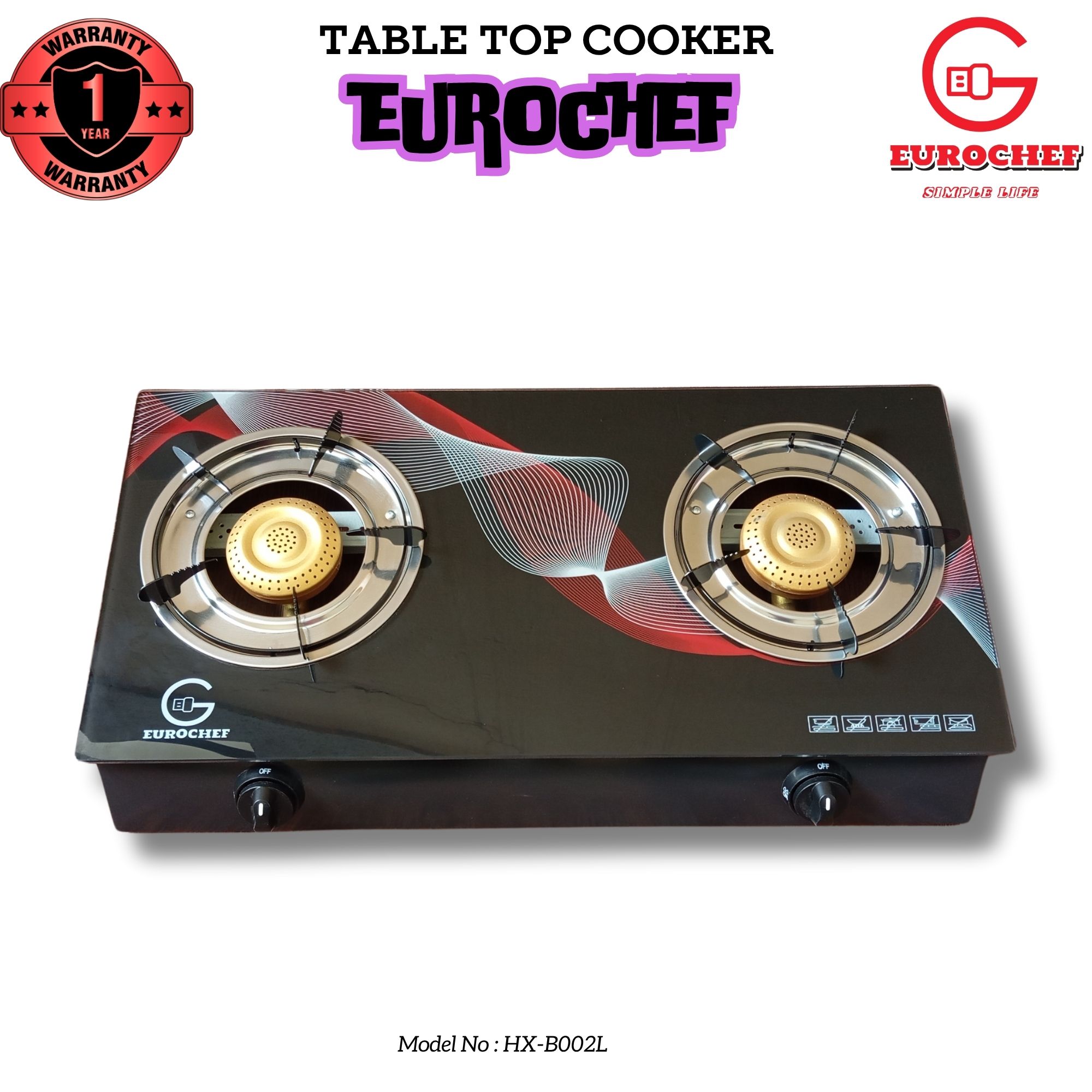 EUROCHEF HX-B002L  TWO BURNER  GLASS-TOP TABLE COOKER - BLACK