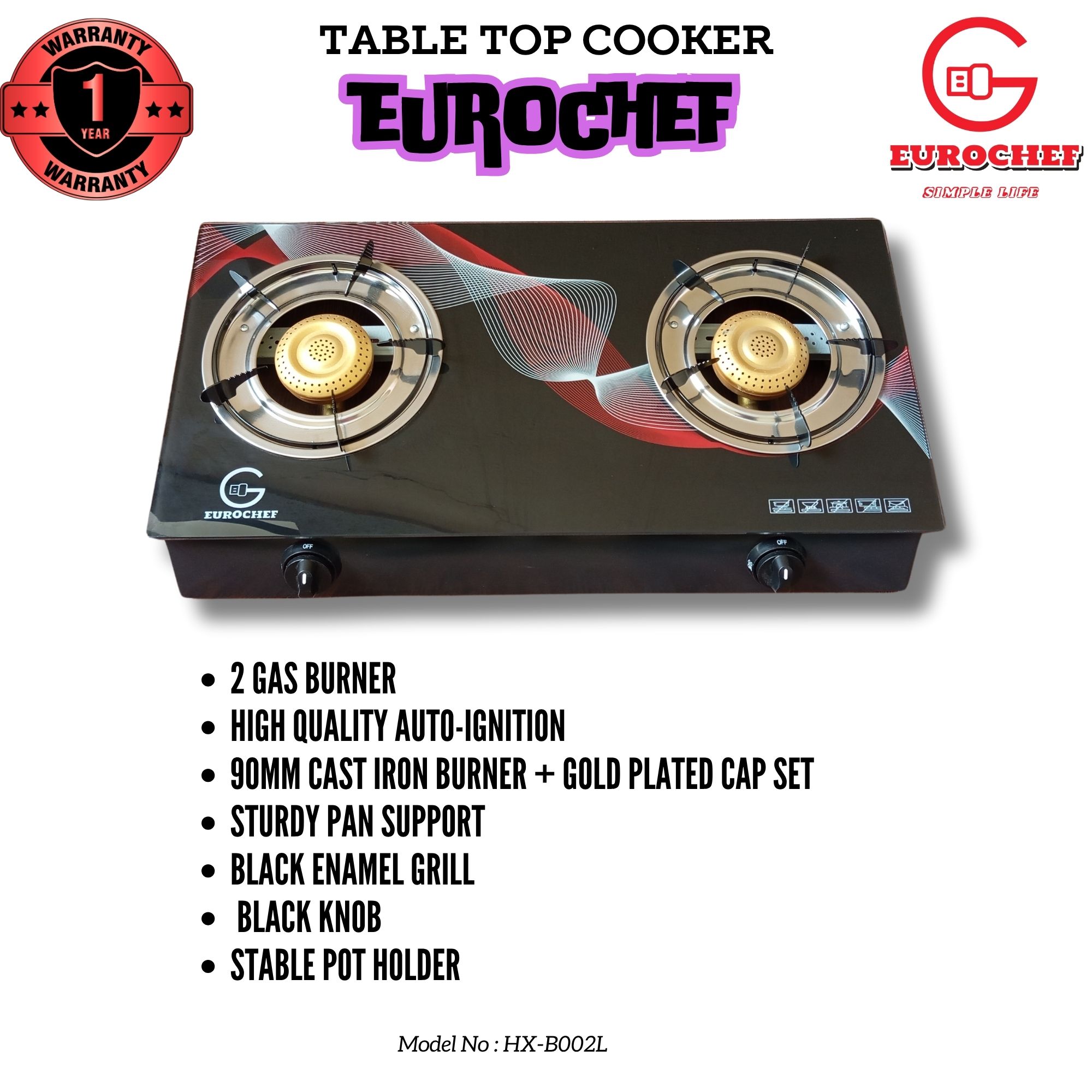 EUROCHEF HX-B002L  TWO BURNER  GLASS-TOP TABLE COOKER - BLACK