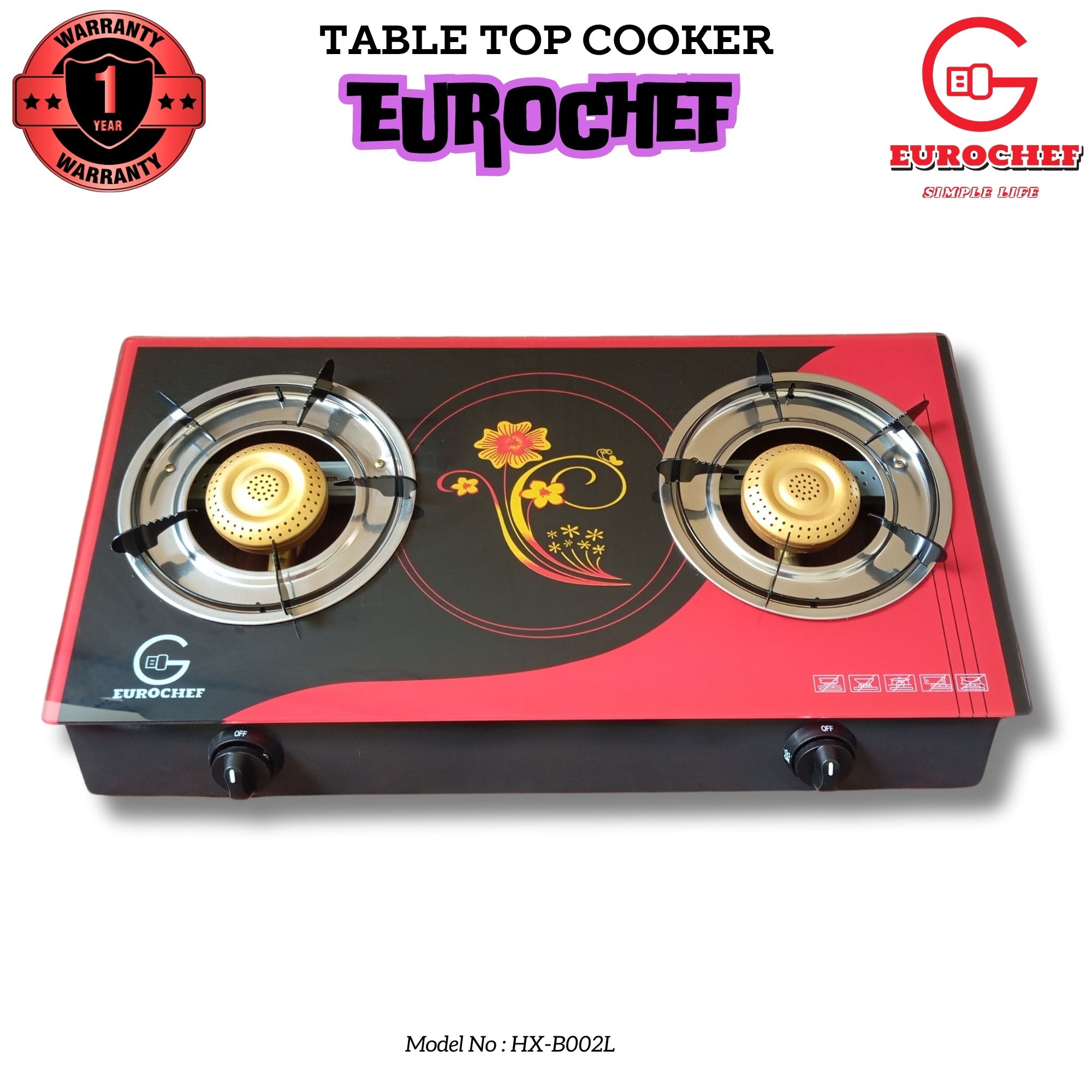 EUROCHEF HX-B002L  TWO BURNER  GLASS-TOP TABLE COOKER - RED