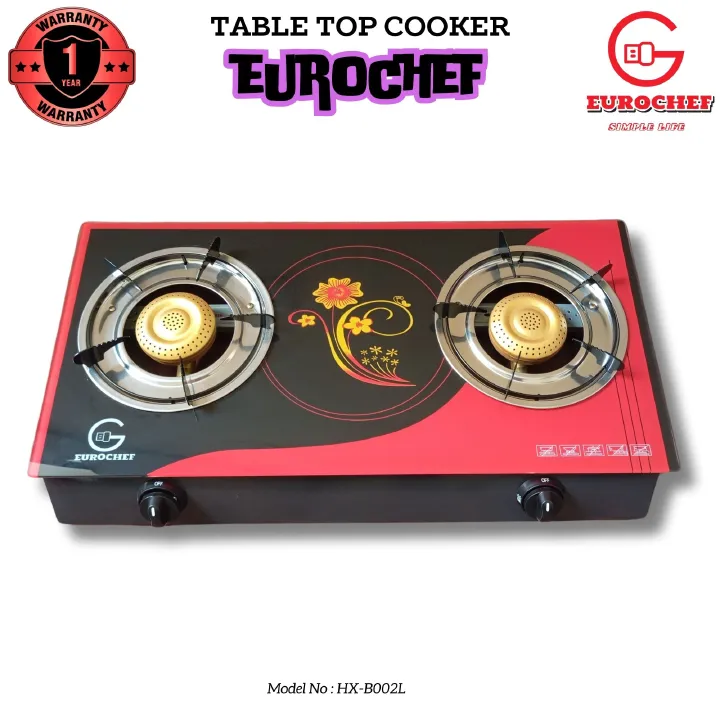 EUROCHEF HX-B002L  TWO BURNER  GLASS-TOP TABLE COOKER - RED