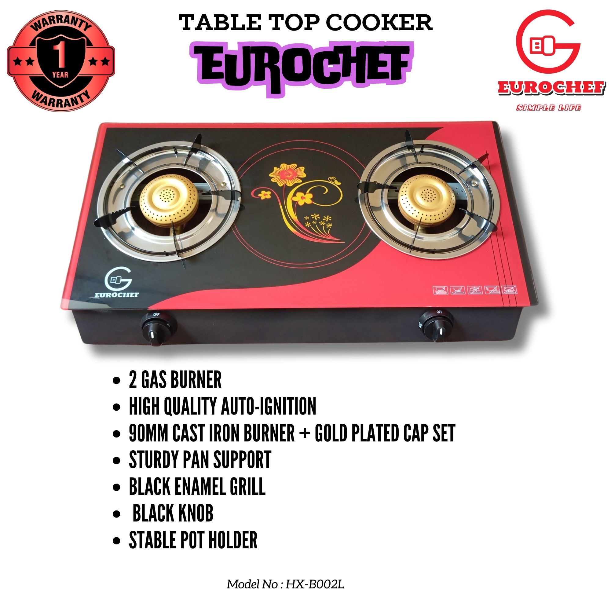 EUROCHEF HX-B002L  TWO BURNER  GLASS-TOP TABLE COOKER - RED