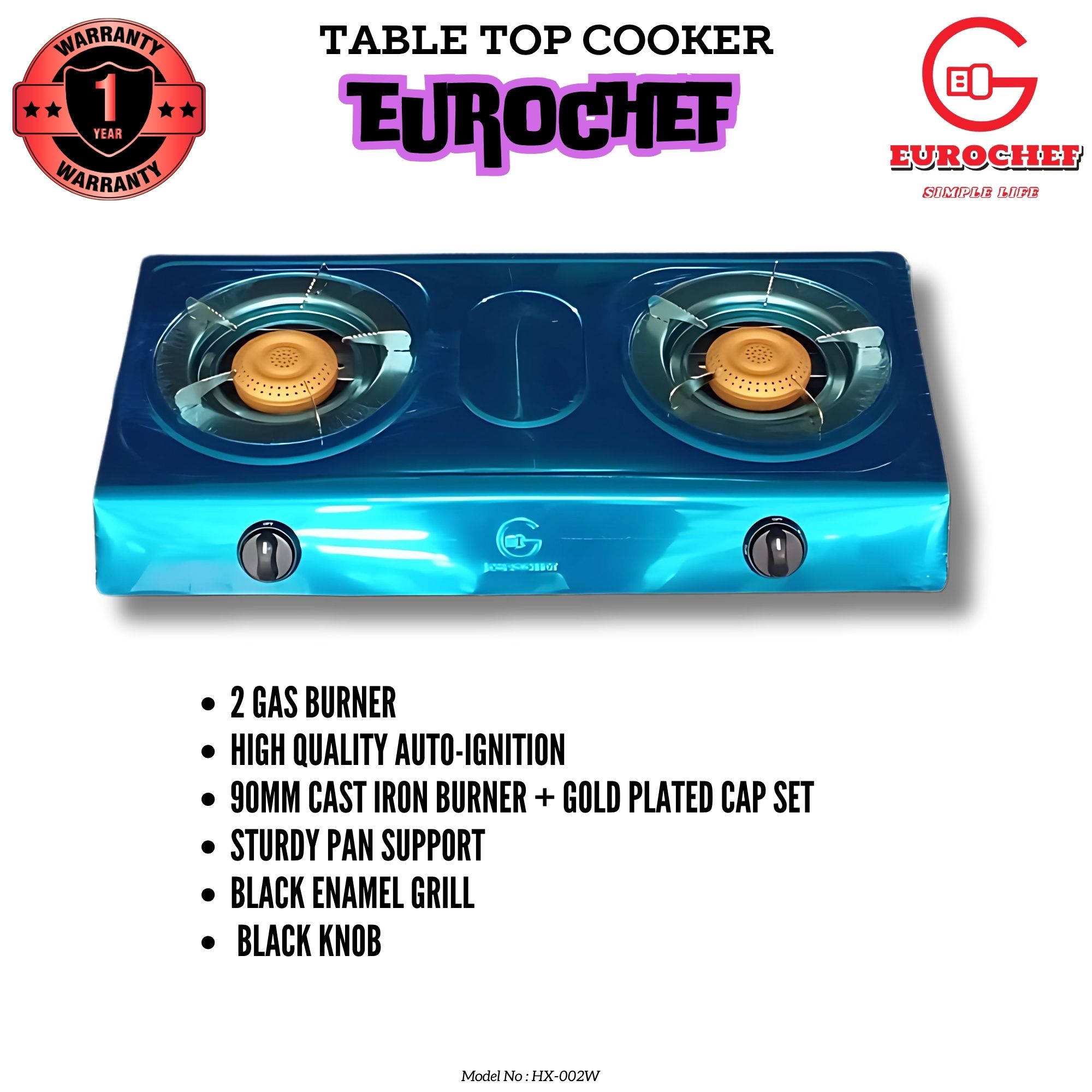 Eurochef HX-002W  Two Burner (double) Stainless Steel  Gas Cooker