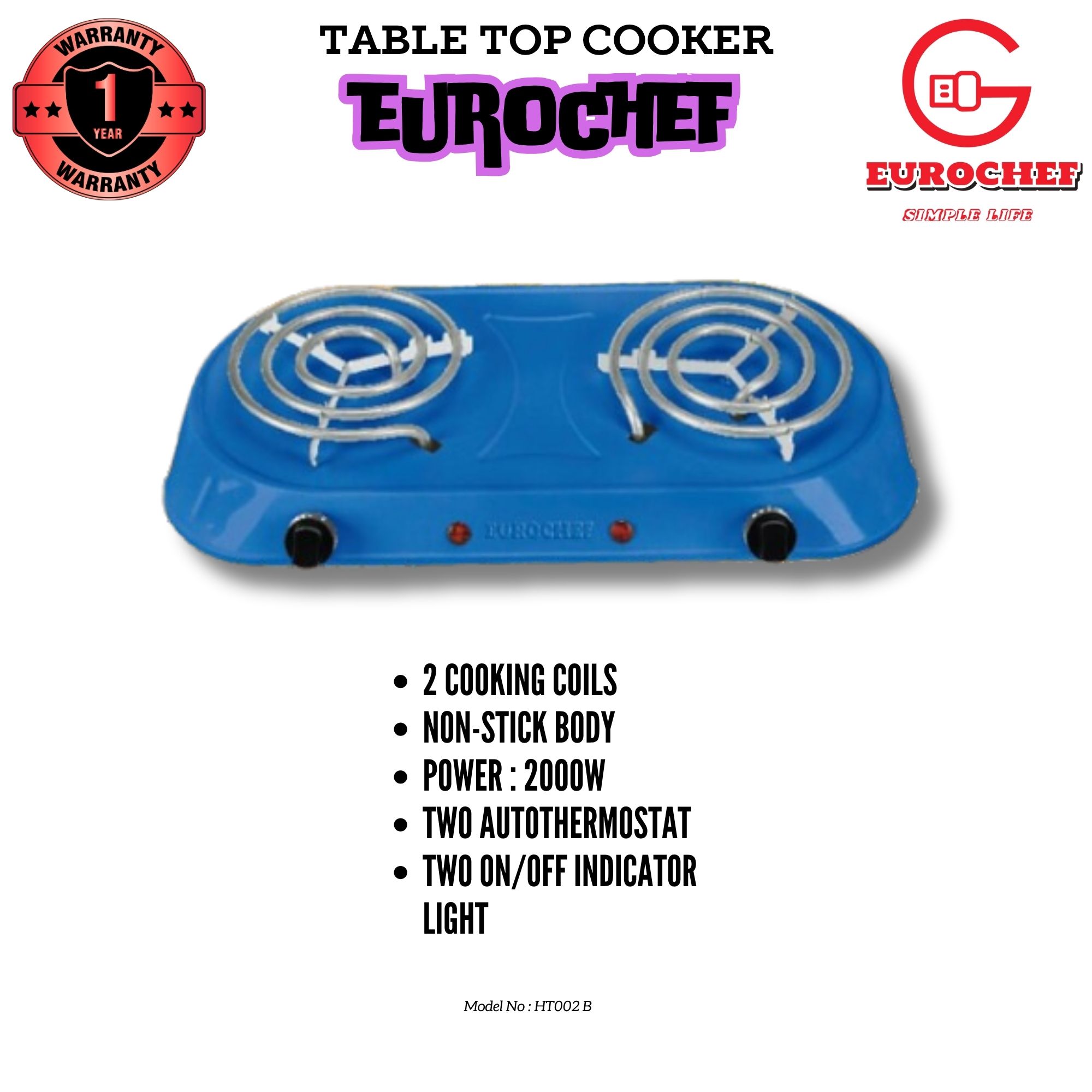 EUROCHEF CLEARANCE OFFER  Electric Tabletop Double Spiral Coil Cooker LIGHT BLUE