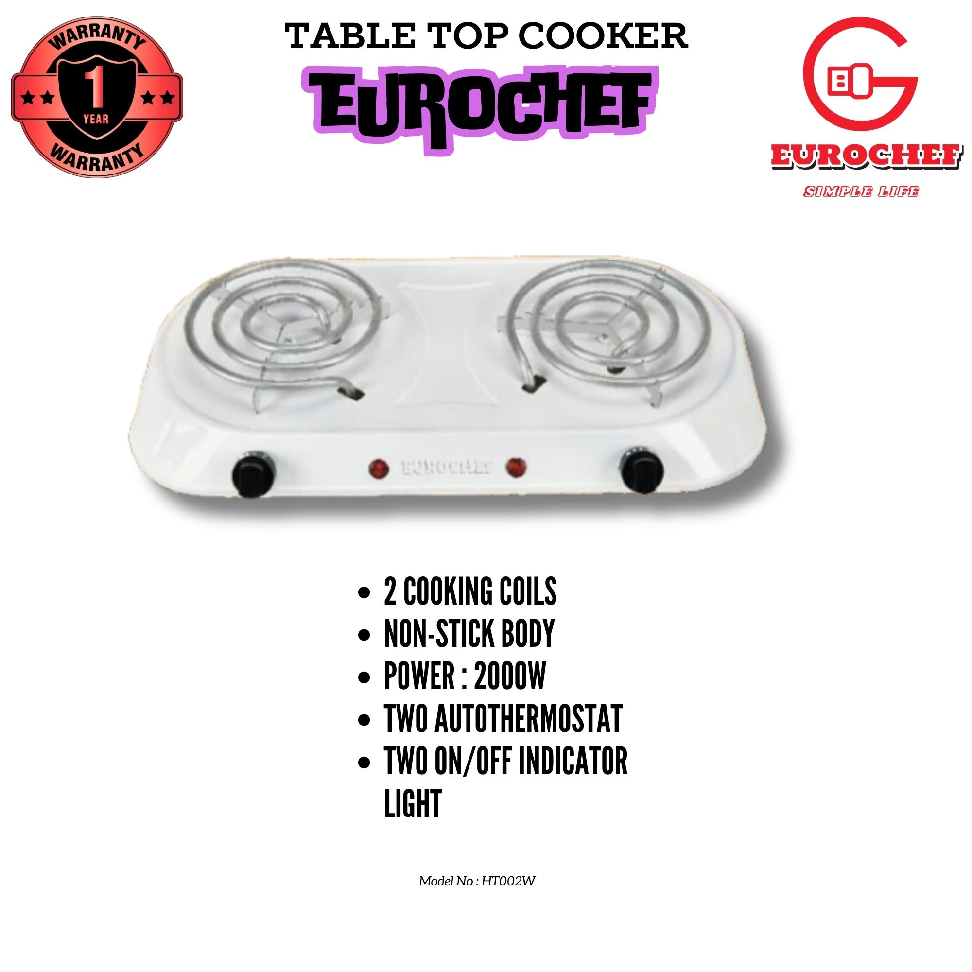 EUROCHEF CLEARANCE OFFER  Electric Tabletop Double  Spiral Coil Cooker WHITE