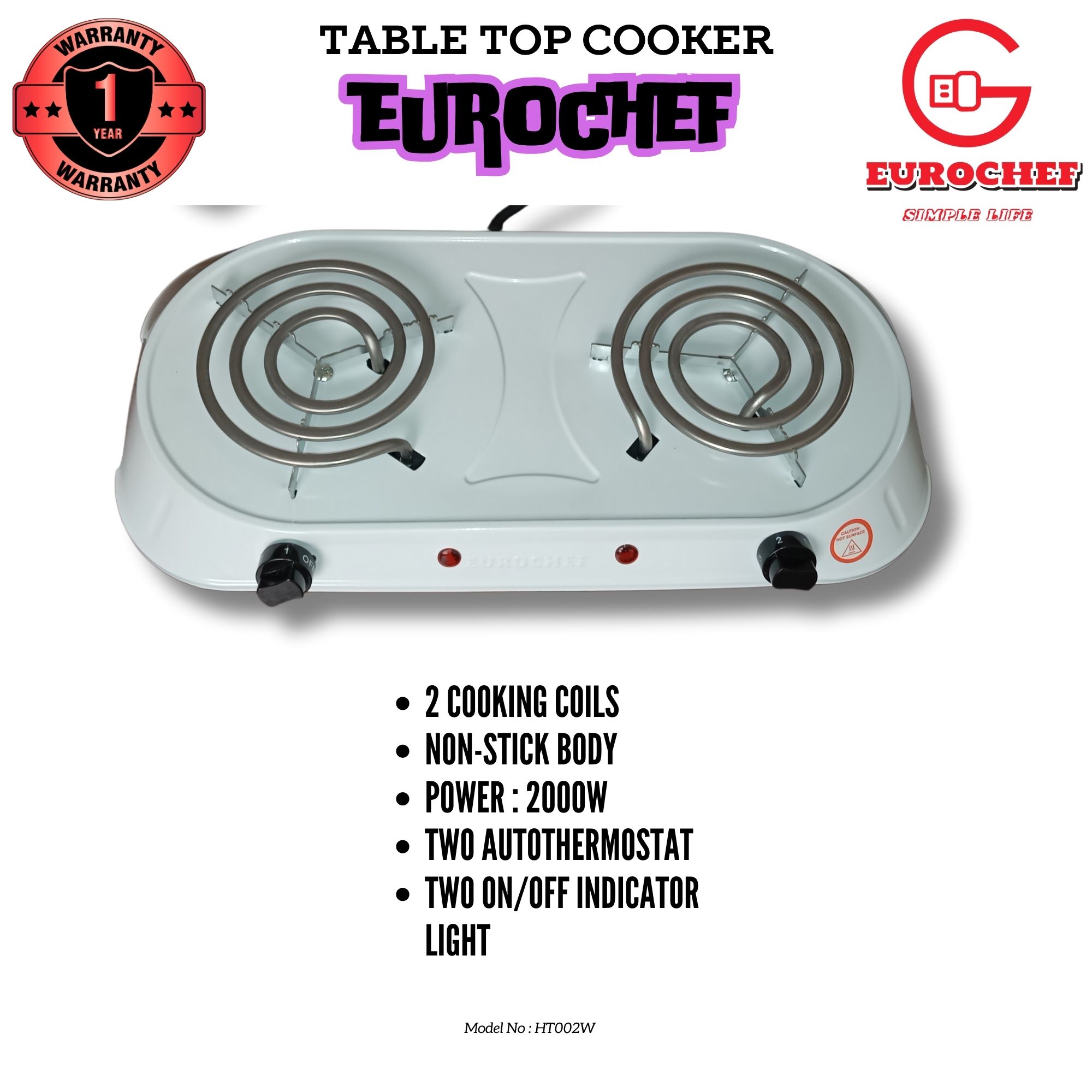 EUROCHEF CLEARANCE OFFER  Electric Tabletop Double  Spiral Coil Cooker WHITE