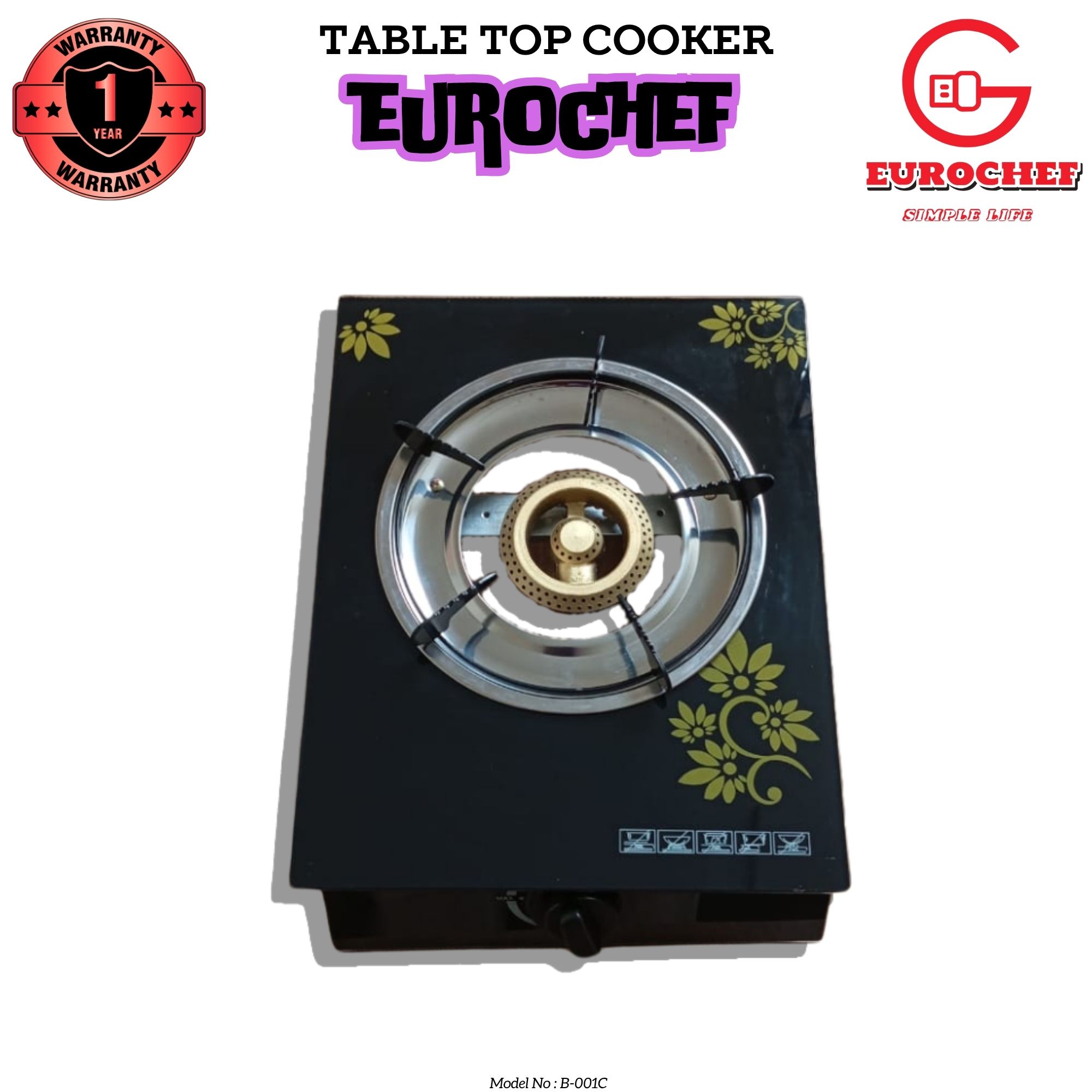 EUROCHEF B-001C  Table top Gas Stove cooker with One / Single Burner with Glasstop