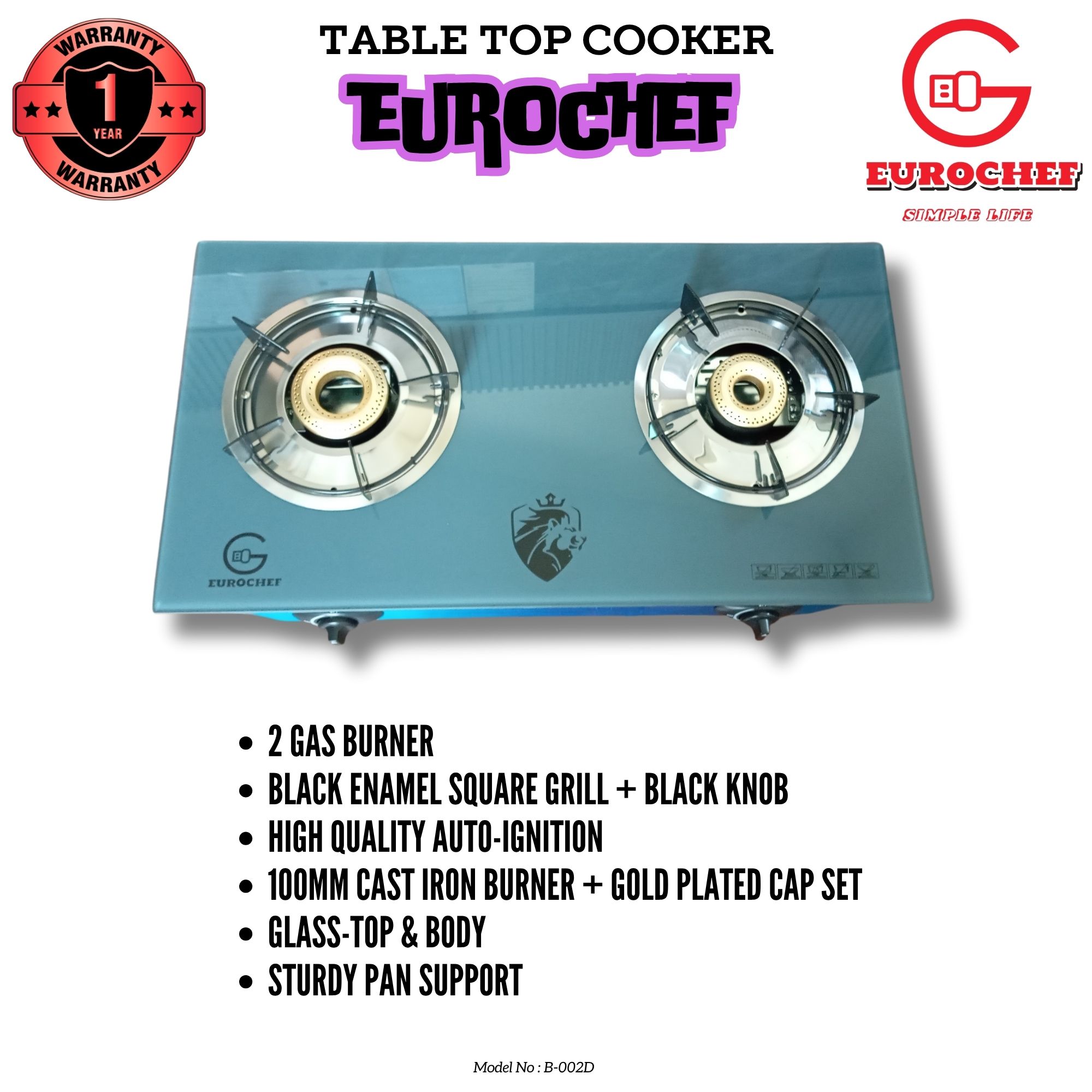 Eurochef B-002D Table Top Glass SIdes & Glass Top With two Burner Gas Cooker