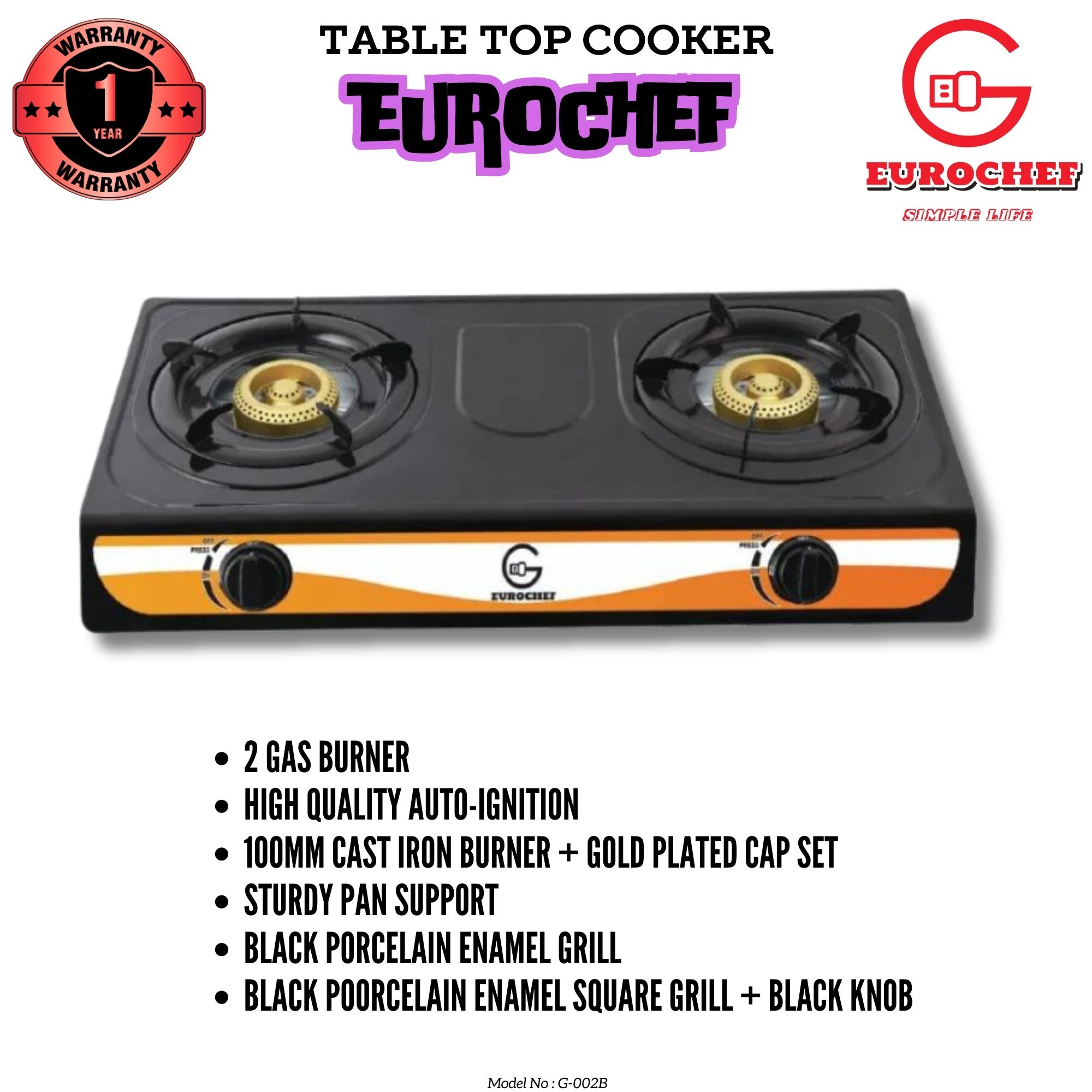 Eurochef G-002B  Two Burner (double) Stainles Steel  Gas Cooker