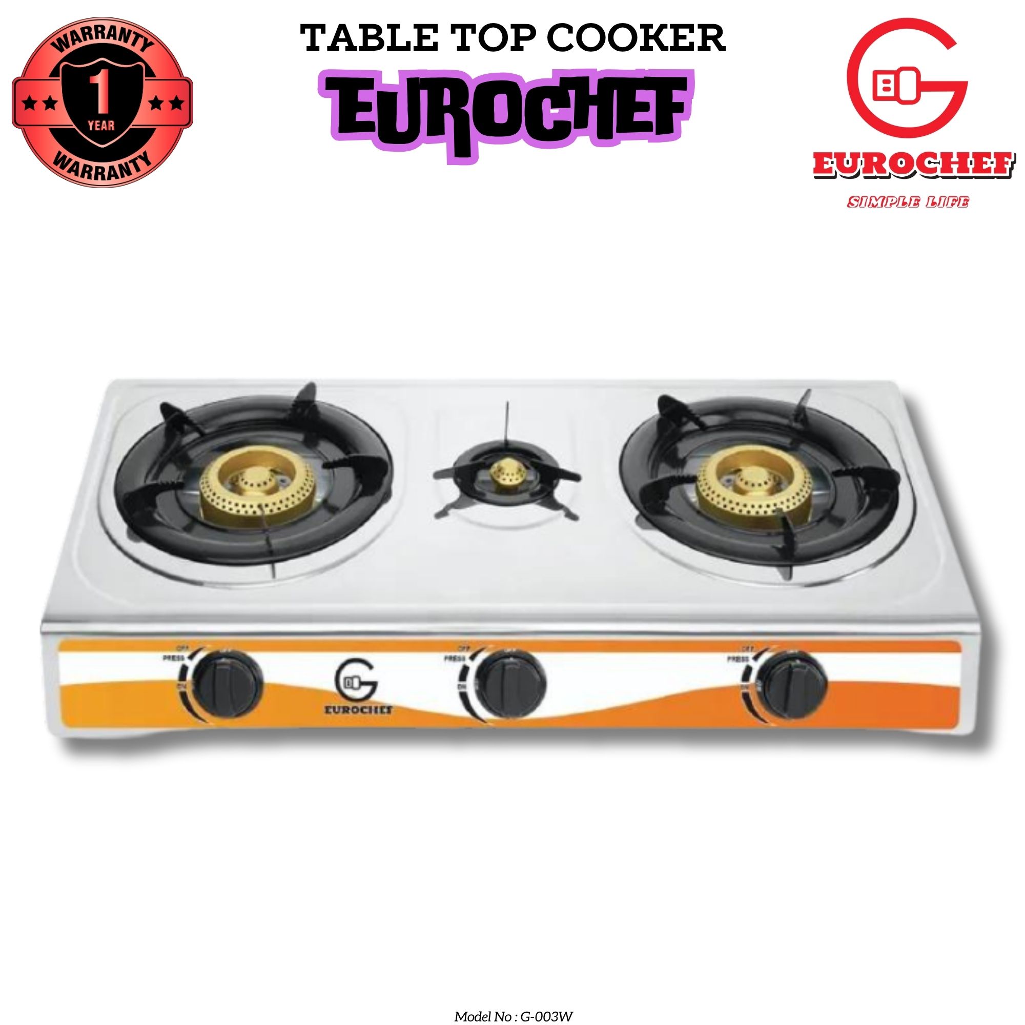 Eurochef G-003W  three Burner Gas Cooker Table Top Stove WHITE