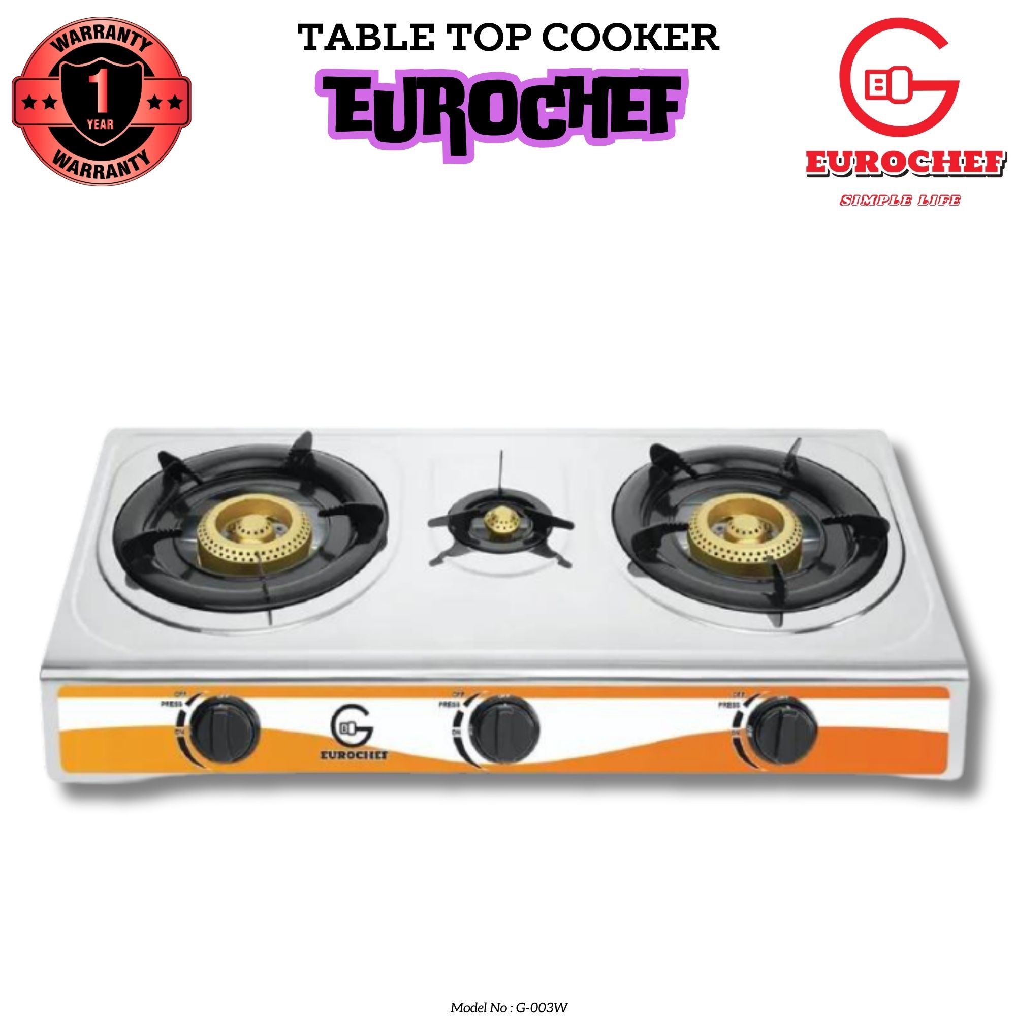 Eurochef G-003W  three Burner Gas Cooker Table Top Stove WHITE