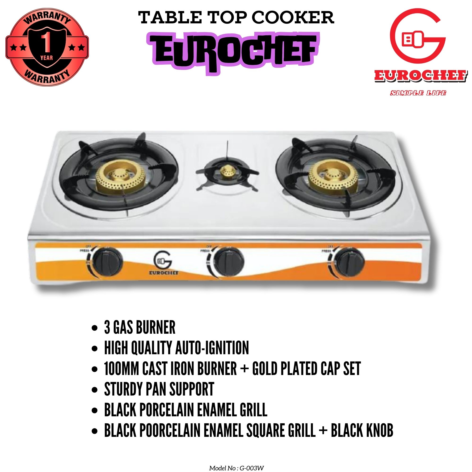 Eurochef G-003W  three Burner Gas Cooker Table Top Stove WHITE