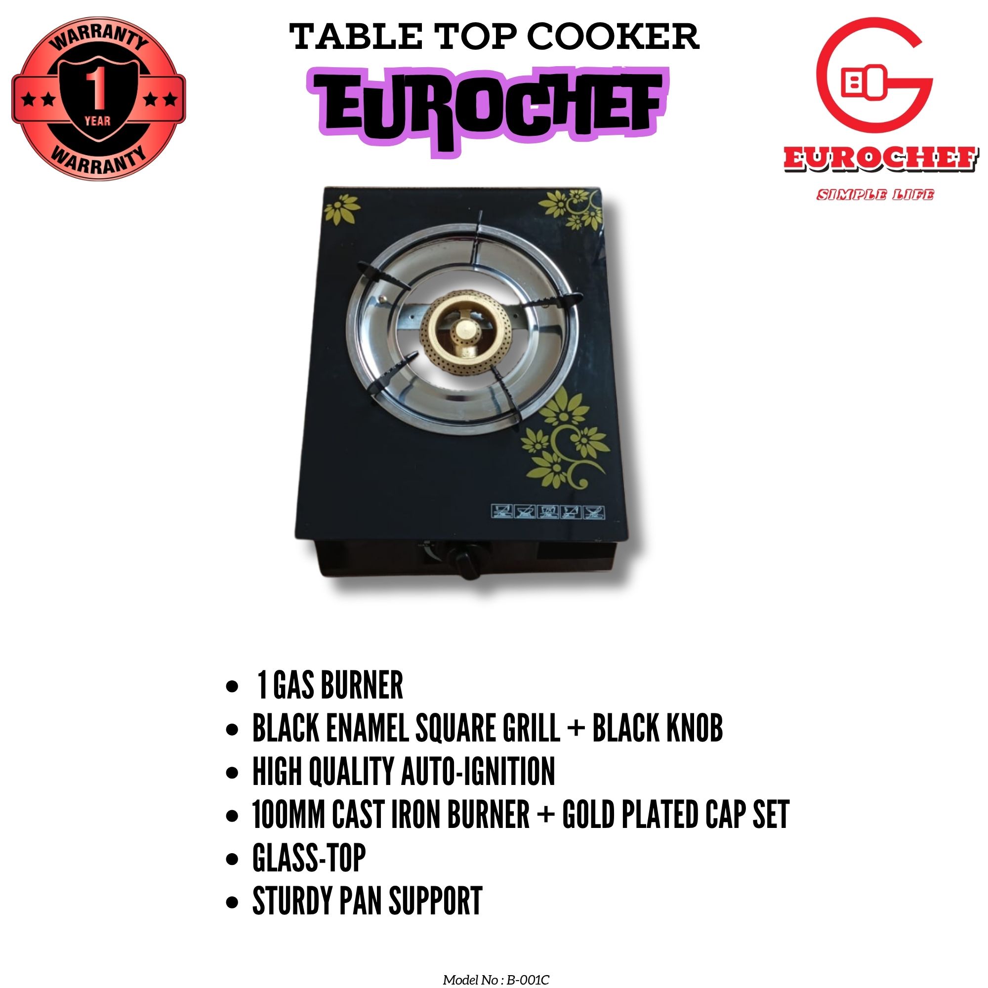 EUROCHEF B-001C  Table top Gas Stove cooker with One / Single Burner with Glasstop