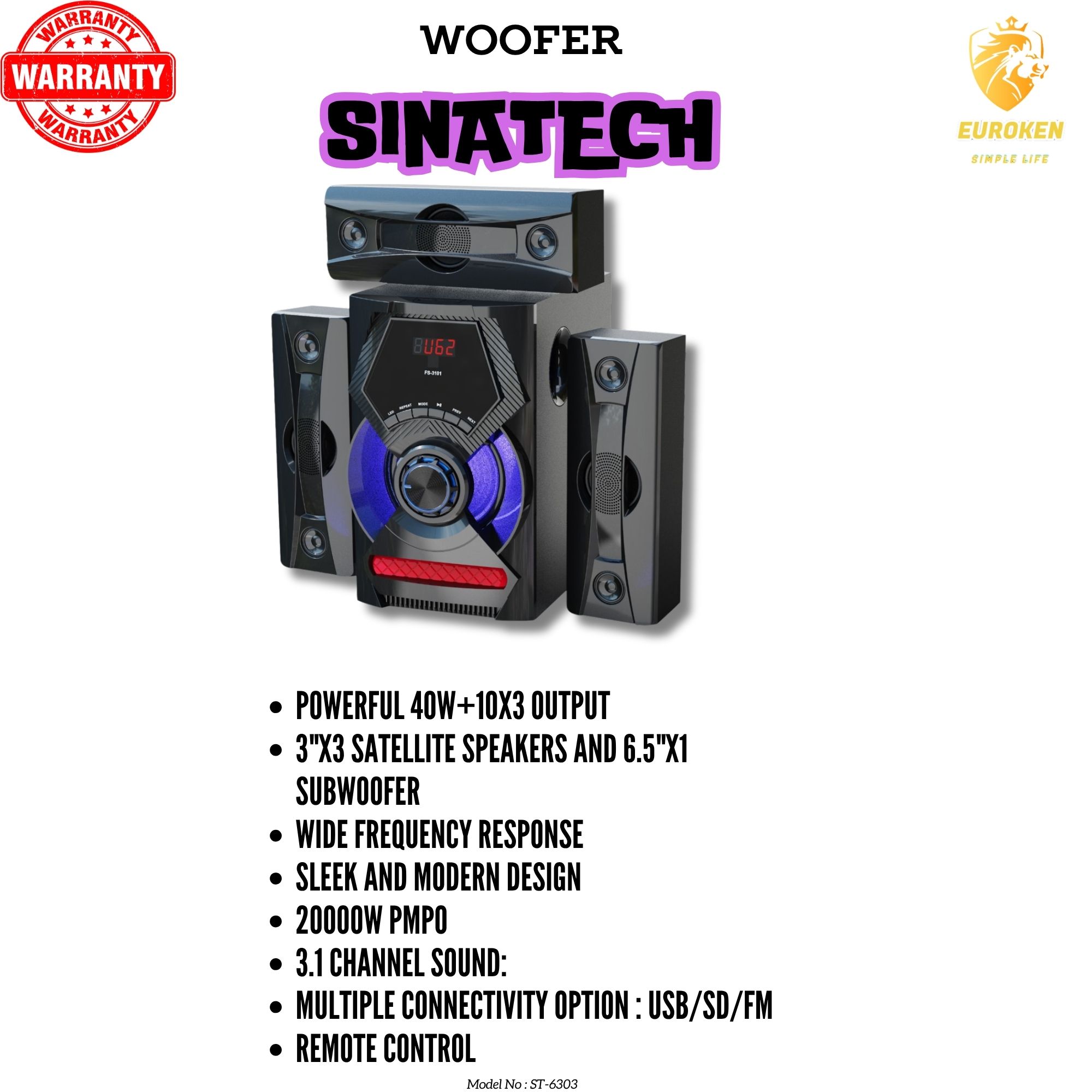 SINATECH 3.1CH Multimedia Bluetooth Woofer Speaker System ST-6303 Subwoofer BT/USB/SD/FM Subwoofer Home Audio System  with Remote Control 20000W