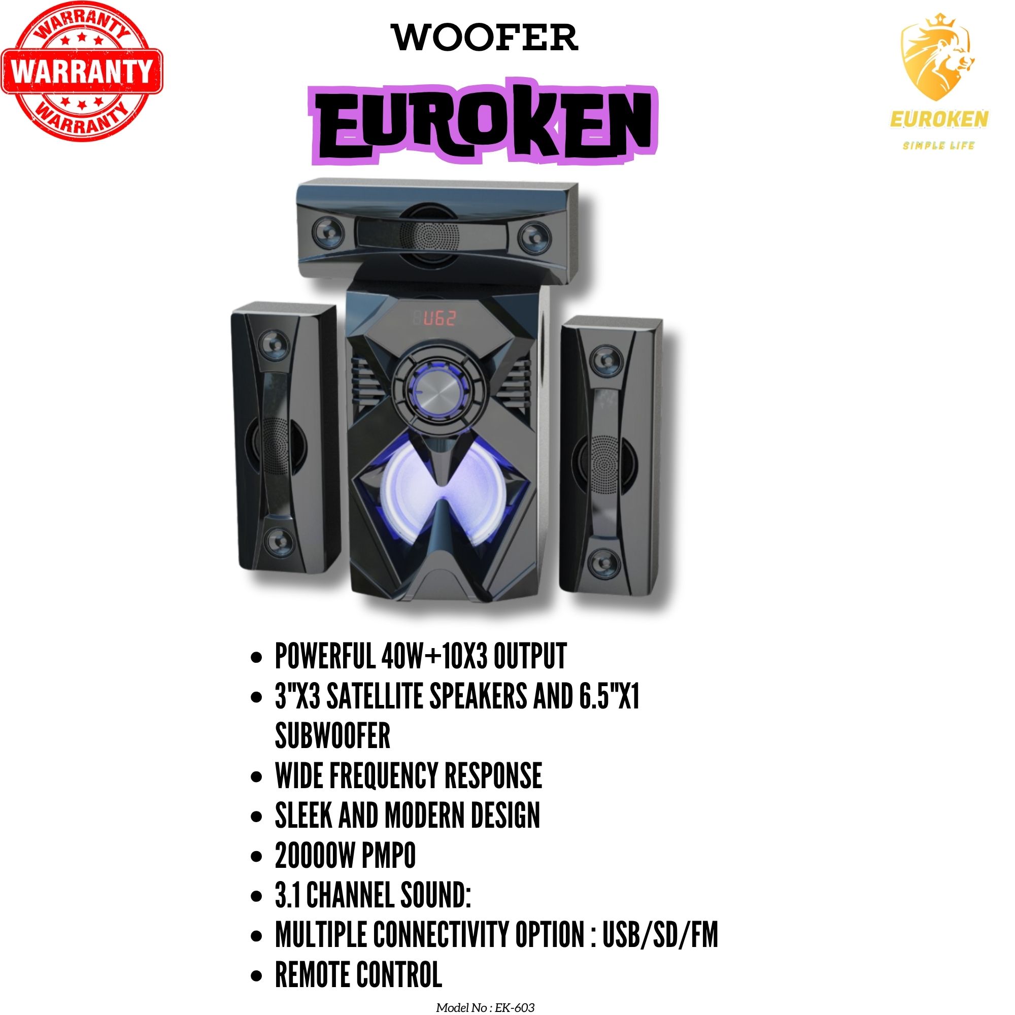 EUROKEN 3.1CH Multimedia Bluetooth Woofer Speaker System EK-601 Subwoofer BT/USB/SD/FM Subwoofer Home Audio System  with Remote Control 20000W