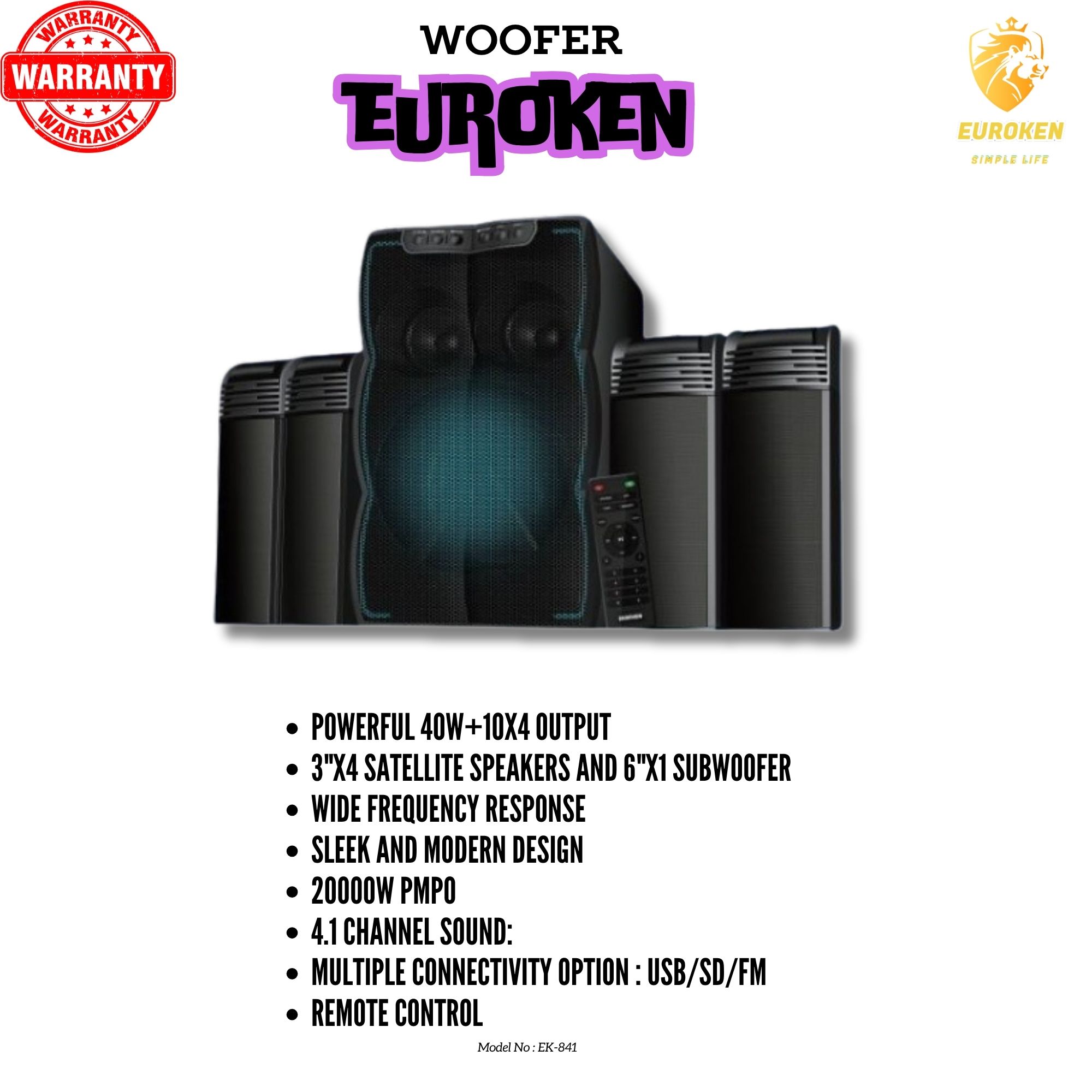 EUROKEN EK-841 4.1CH SOUNDBAR  X-Bass Speaker System Home Theatre System AC/DC Subwoofer Bluetooth Woofer USB/SD/FM Home Audio System with Remote Control