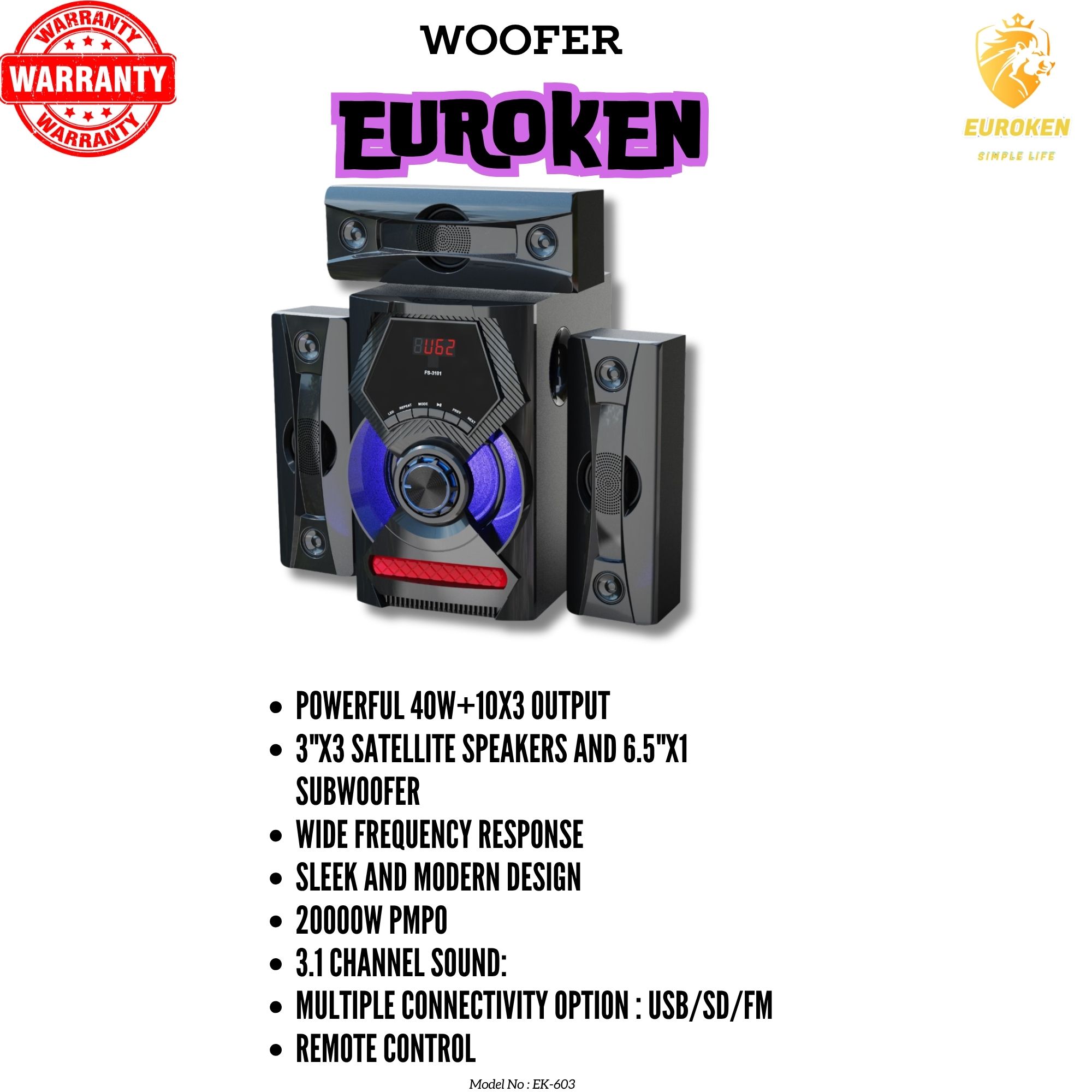 EUROKEN EK-603  3.1CH Multimedia X-Bass Speaker System Home Theatre System AC/DC Subwoofer Bluetooth Woofer USB/SD/FM Home Audio System with Remote Control