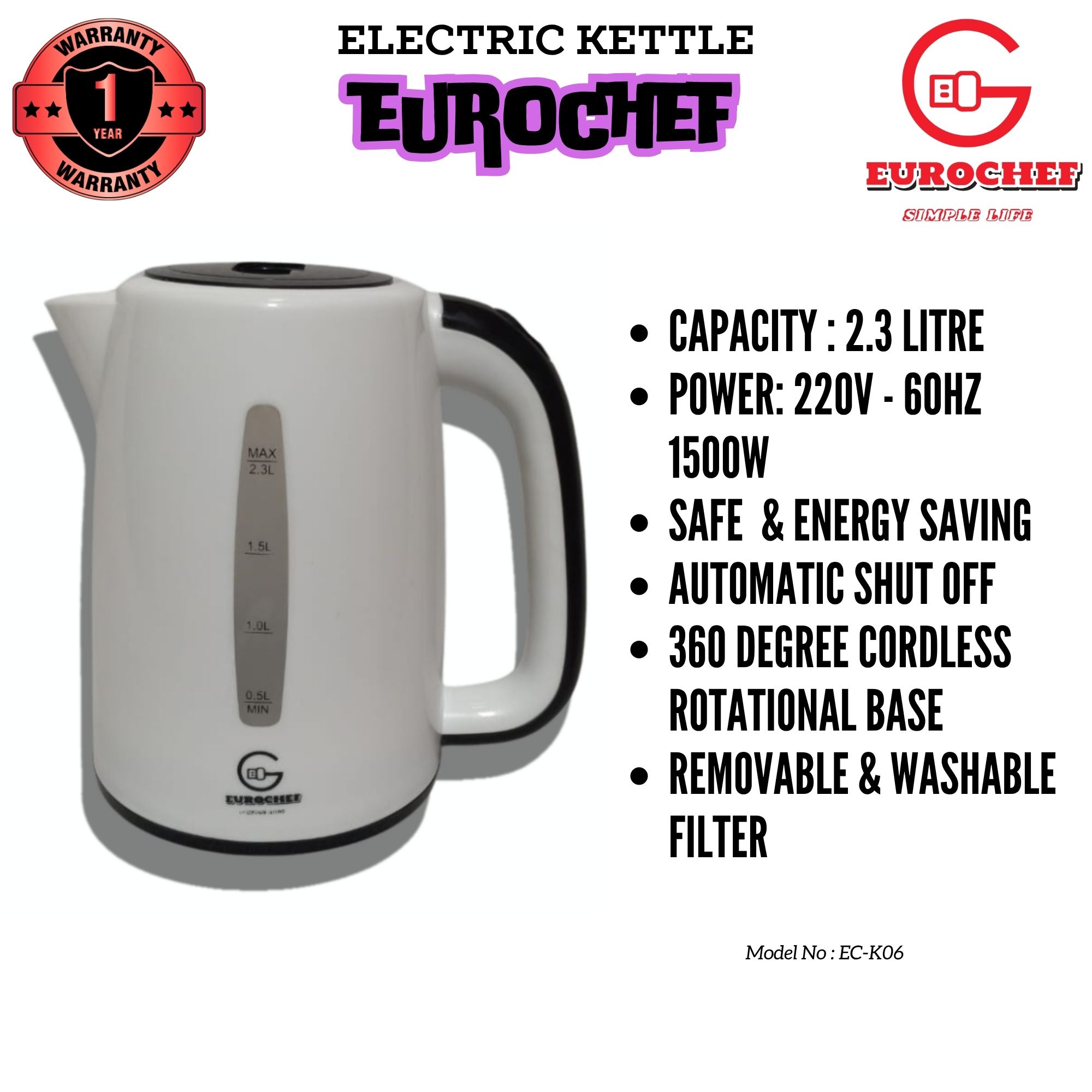Eurochef  EC-K06 Electric Kettle Automatic turn off , 2.3 Litres -  WHITE
