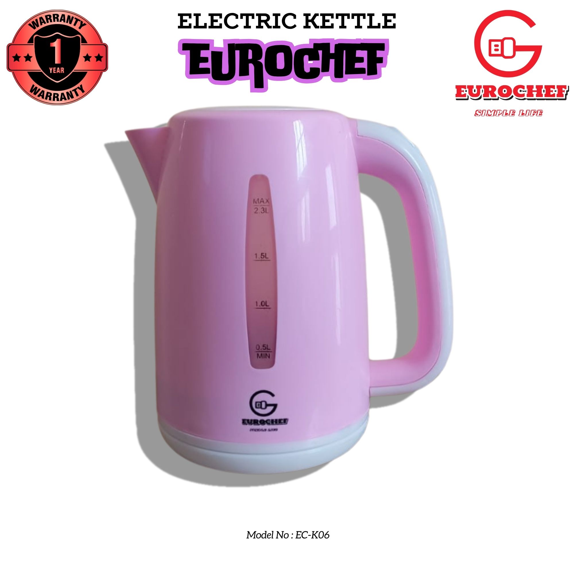 Eurochef  EC-K06 Electric Kettle Automatic turn off , 2.3 Litres -  PINK