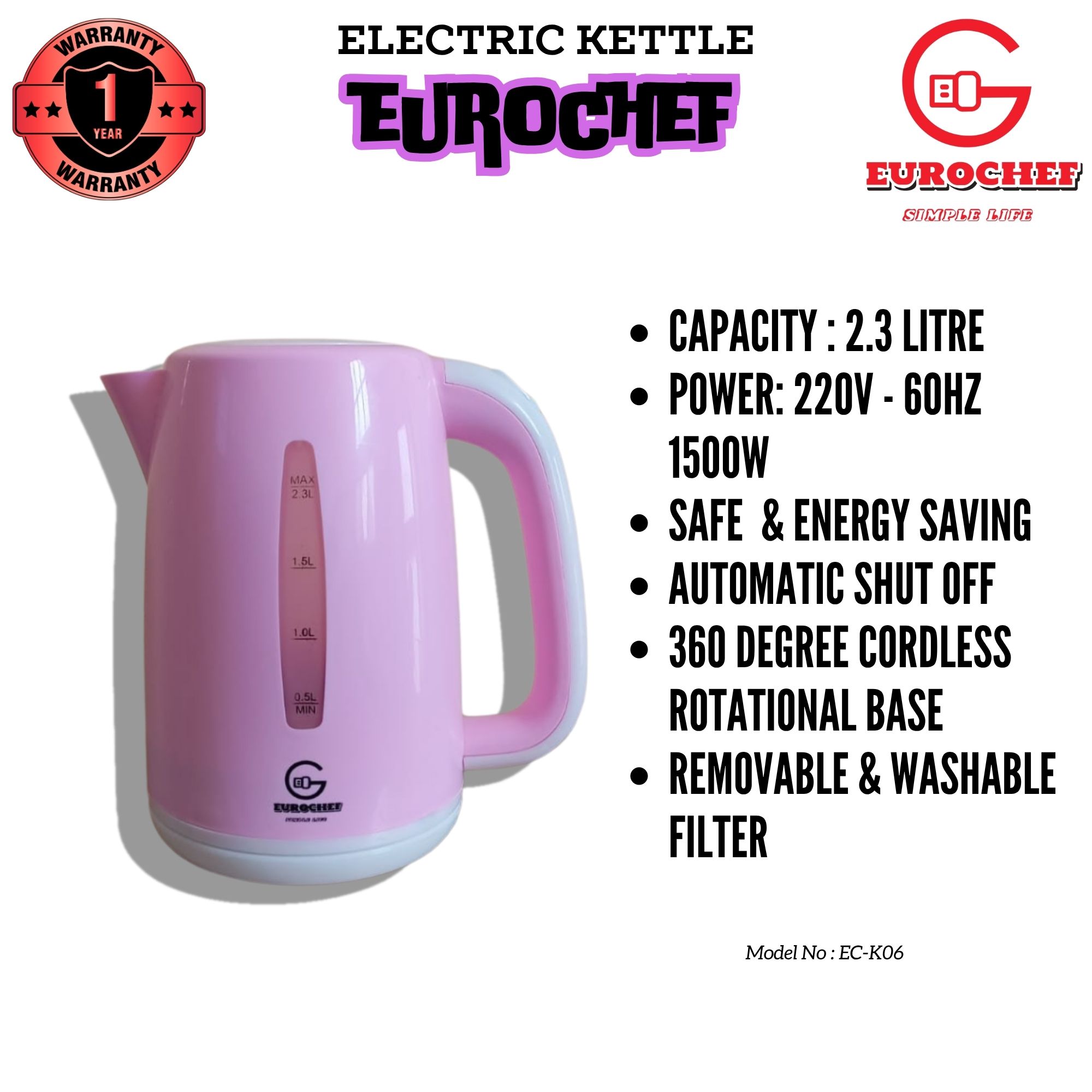 Eurochef  EC-K06 Electric Kettle Automatic turn off , 2.3 Litres -  PINK