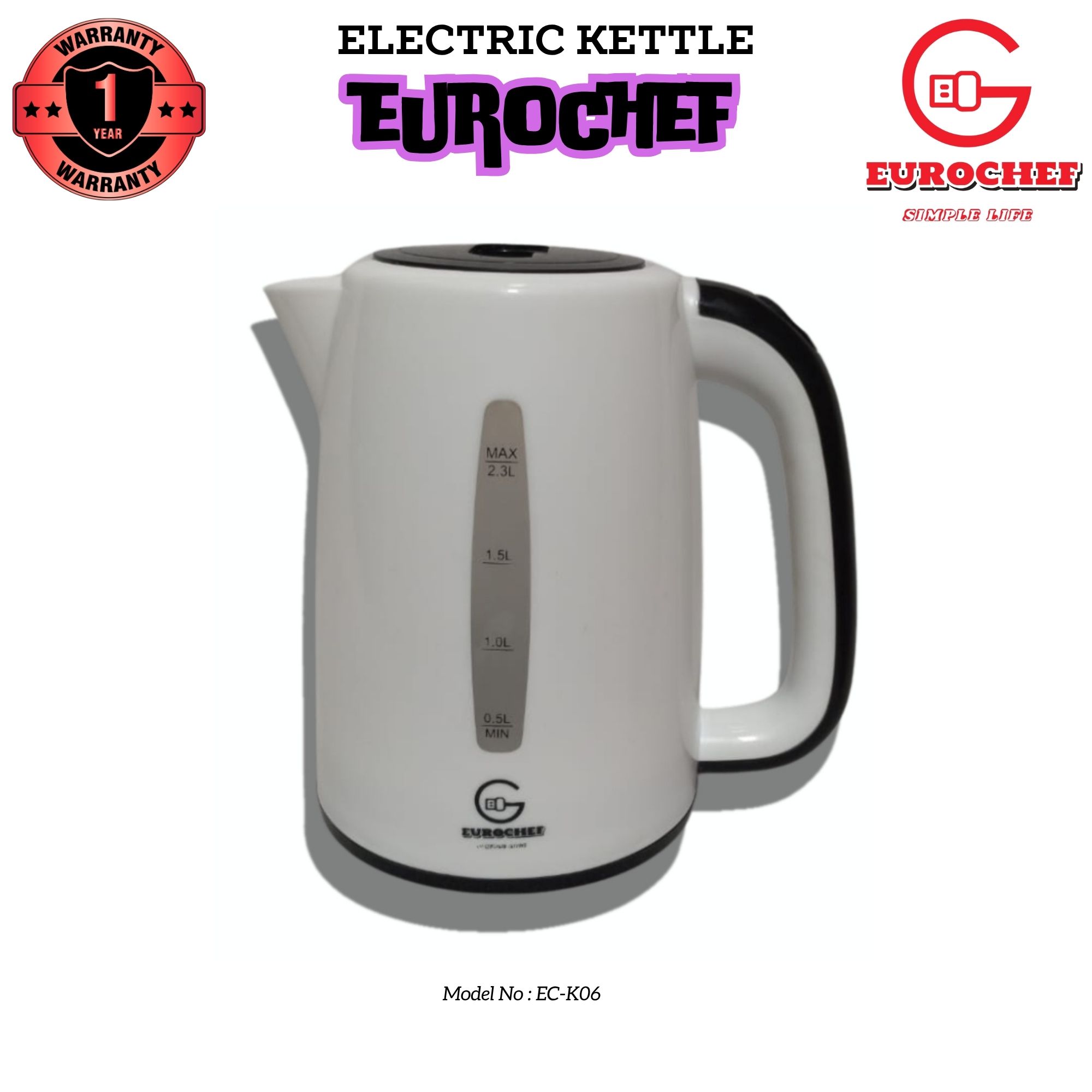 Eurochef  EC-K06 Electric Kettle Automatic turn off , 2.3 Litres -  WHITE