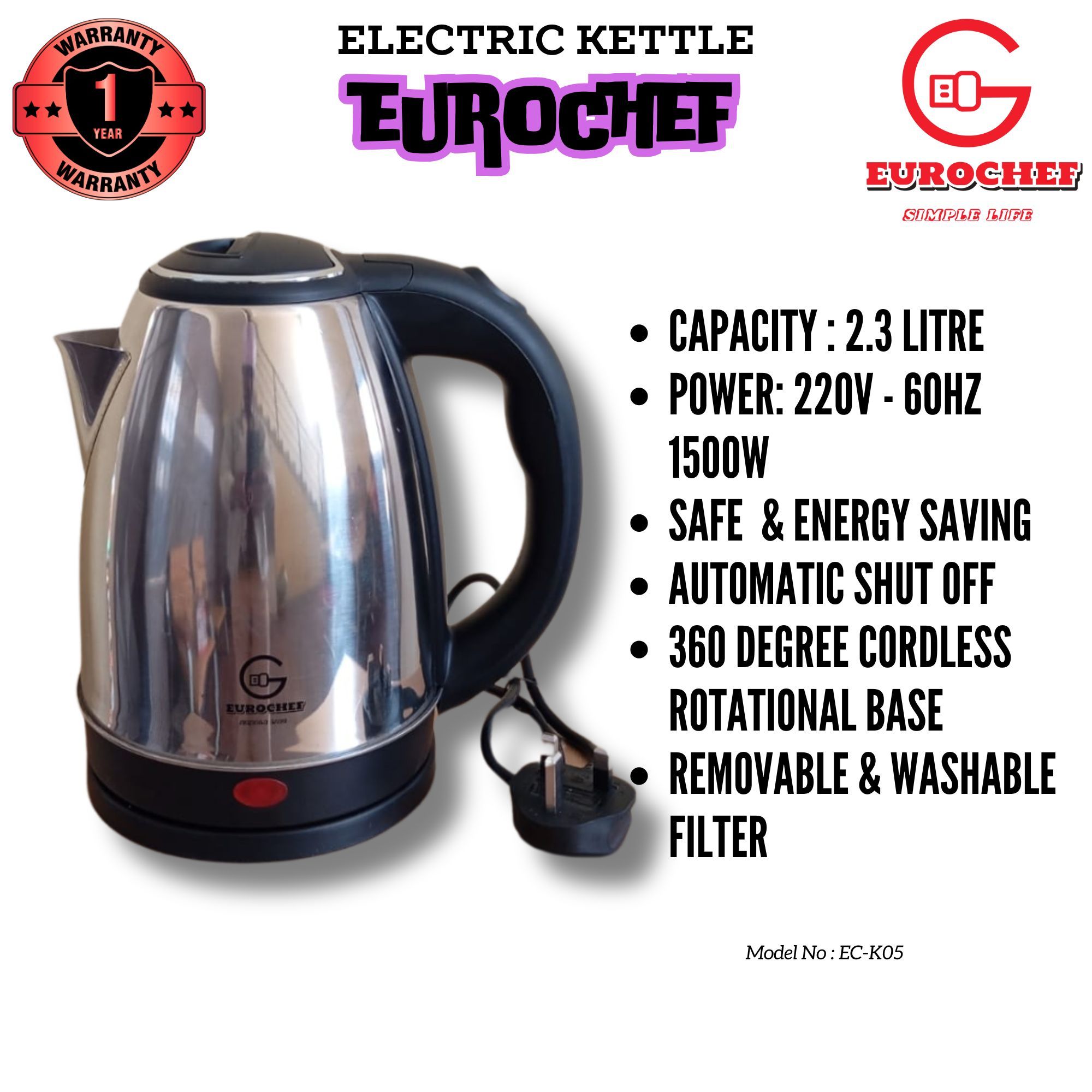 Eurochef  EC-K05 Electric Kettle Automatic, 2.3 Litres -  Blue