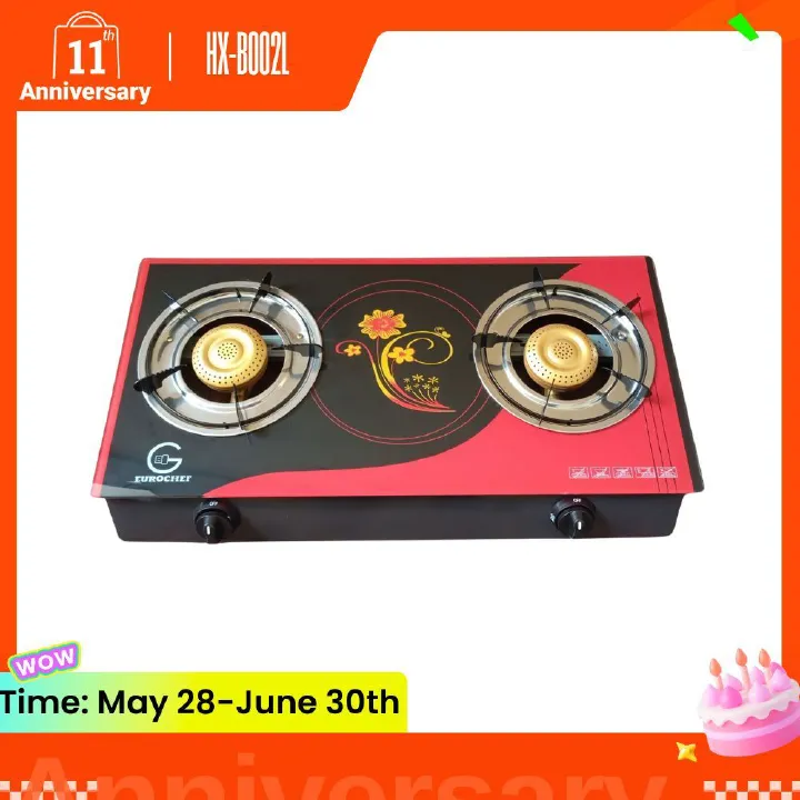 EUROCHEF HX-B002L  TWO BURNER  GLASS-TOP TABLE COOKER - RED