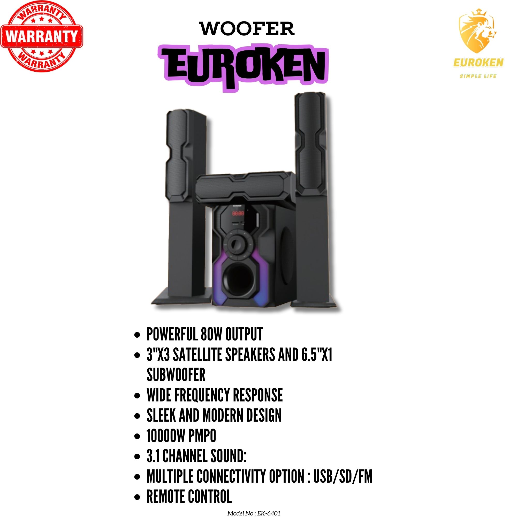EUROKEN HOME THEATRE SYSTEM EK-6401 3 IN 1 TALL BOY AC/DC 10000W  PMPO  BLUETOOTH/FM/USB/SD MEM CARD SUPPORT