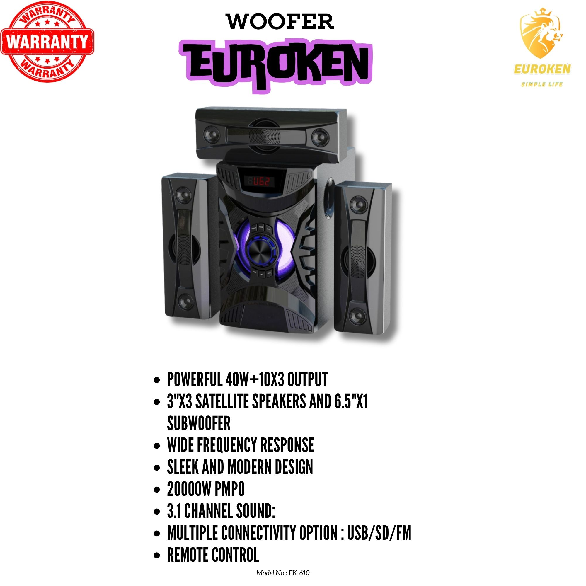 EUROKEN 3.1CH Multimedia Bluetooth Woofer Speaker System EK-610 Subwoofer BT/USB/SD/FM Subwoofer Home Audio System  with Remote Control 20000W
