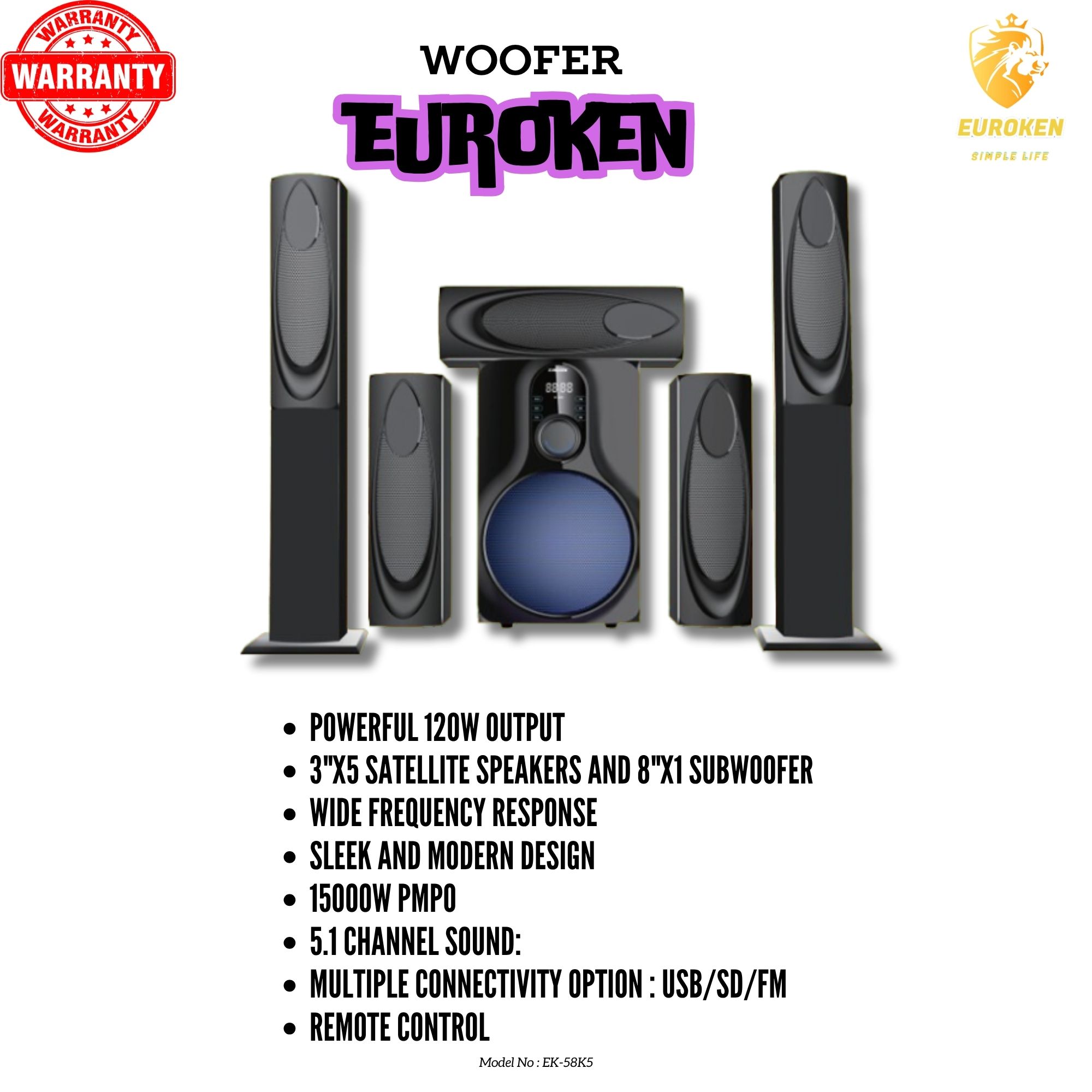 EUROKEN HOME THEATRE SYSTEM EK-58K5 5 IN 1 TALL BOY AC/DC 15000W PMPO  WITH BLUETOOTH/FM/USB/SD MEM CARD SUPPORT