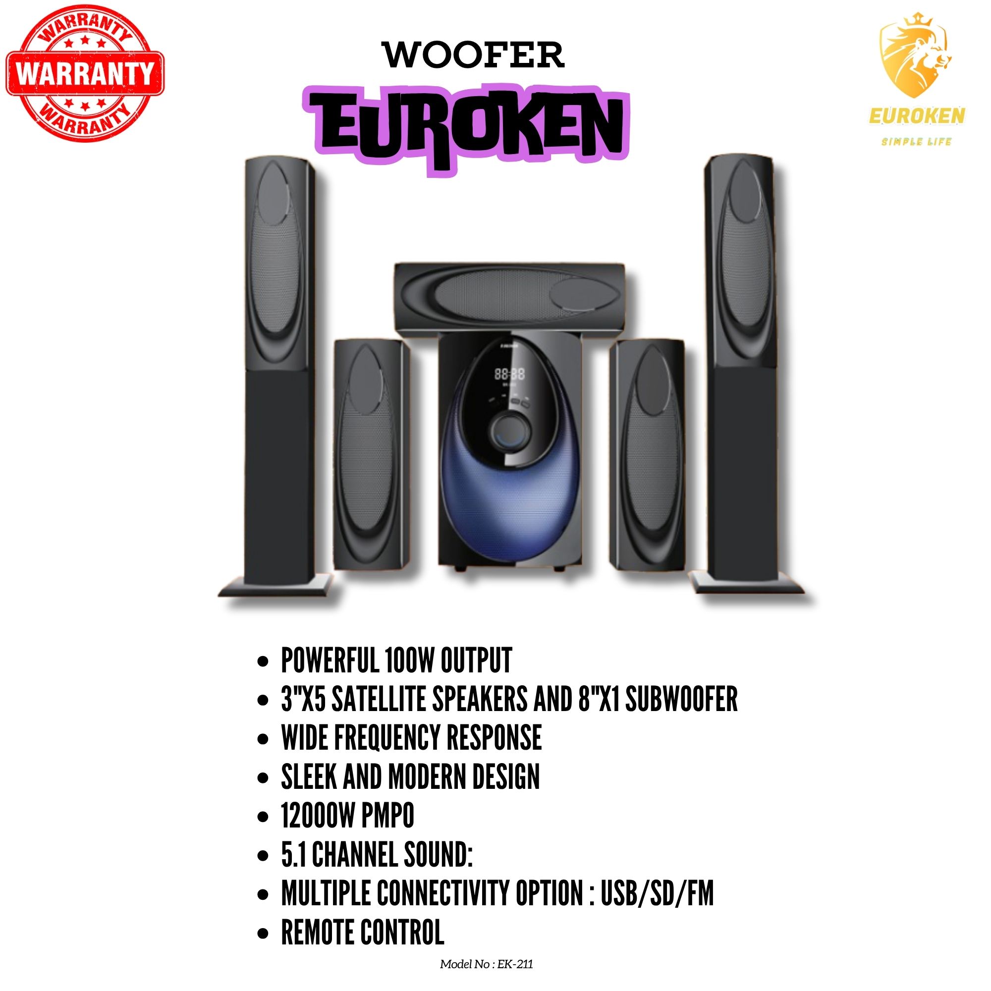 EUROKEN HOME THEATRE SYSTEM  EK-211 5 IN 1 TALL BOY AC/DC 12000W PMPO  WITH BLUETOOTH/FM/USB/SD MEM CARD SUPPORT