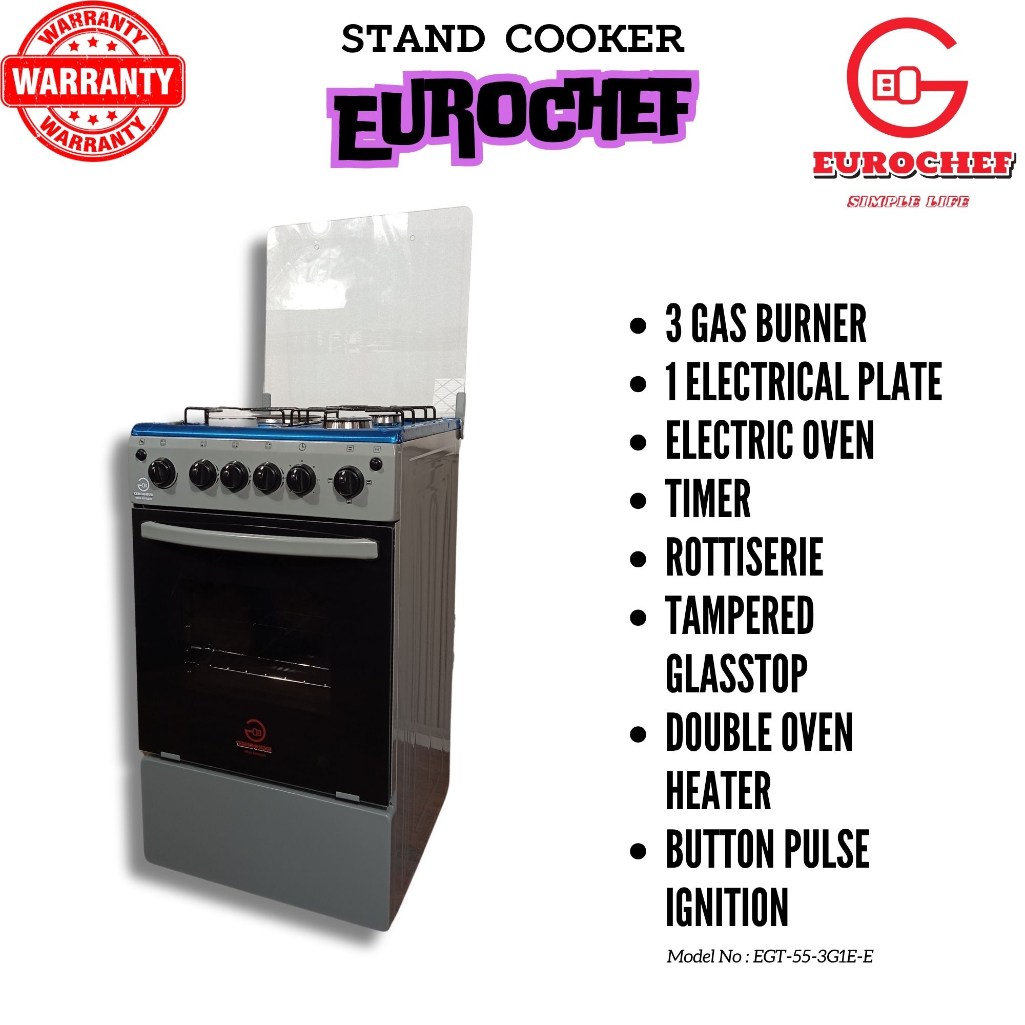 Eurochef EG55-3G1E-E 3 Gas Burner + 1 Hot Plate with Electric Oven 55x50cm