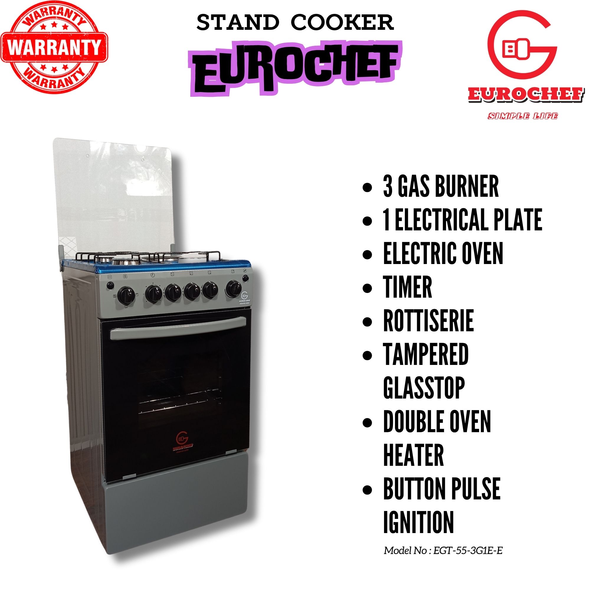 Eurochef EG55-3G1E-E 3 Gas Burner + 1 Hot Plate with Electric Oven 55x50cm