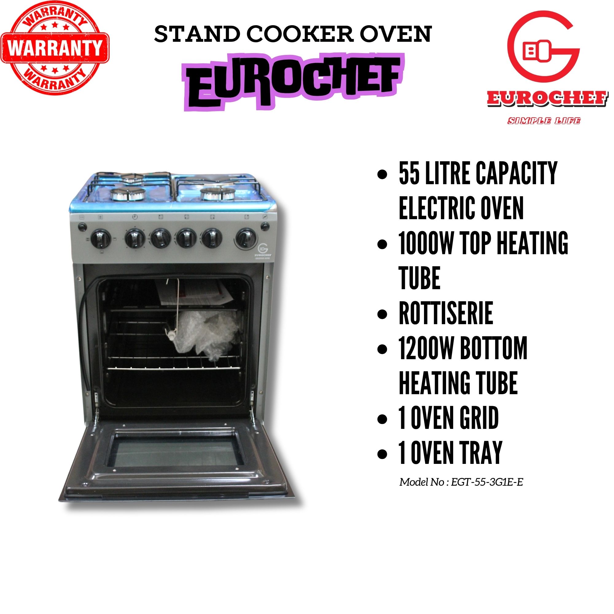 Eurochef EG55-3G1E-E 3 Gas Burner + 1 Hot Plate with Electric Oven 55x50cm