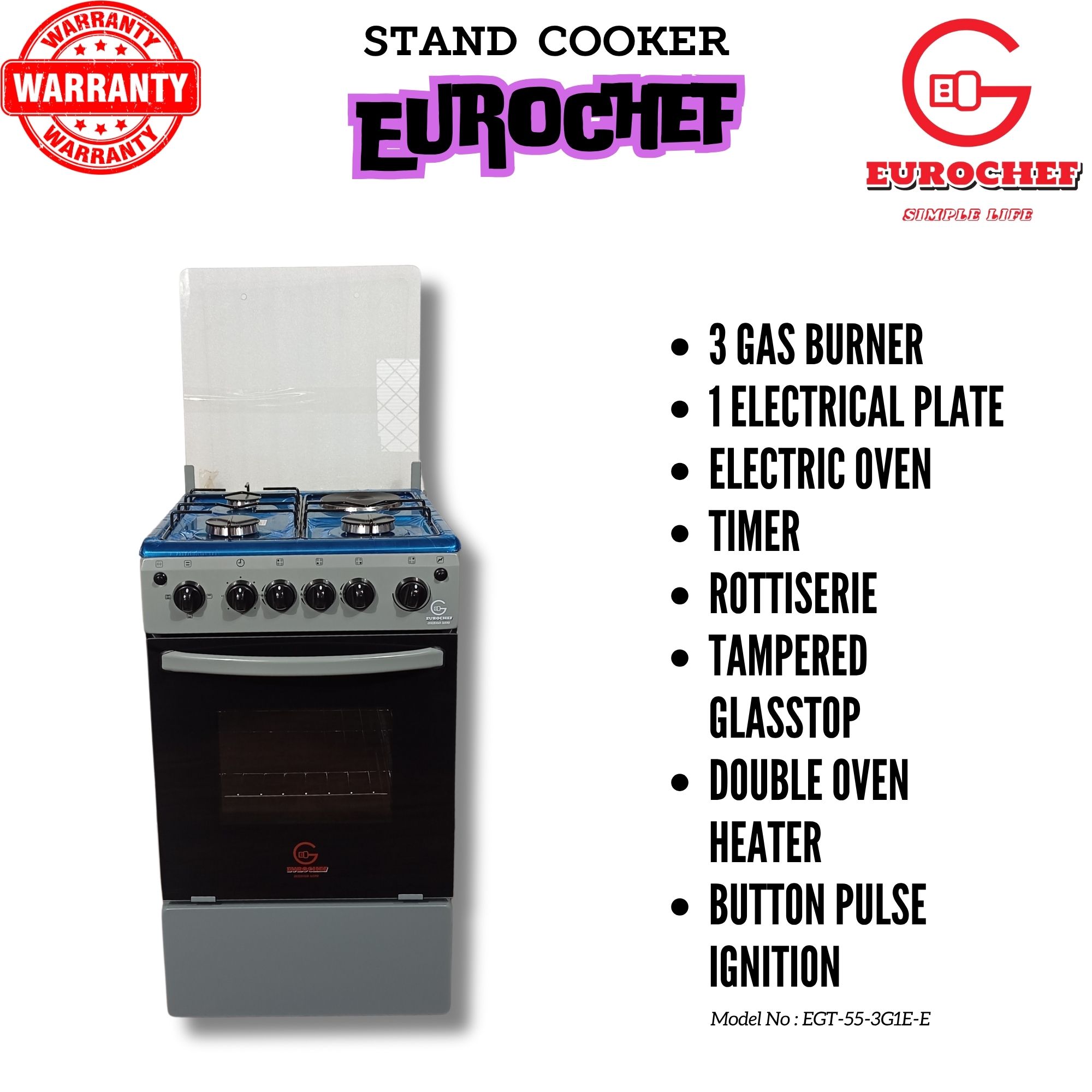 Eurochef EG55-3G1E-E 3 Gas Burner + 1 Hot Plate with Electric Oven 55x50cm