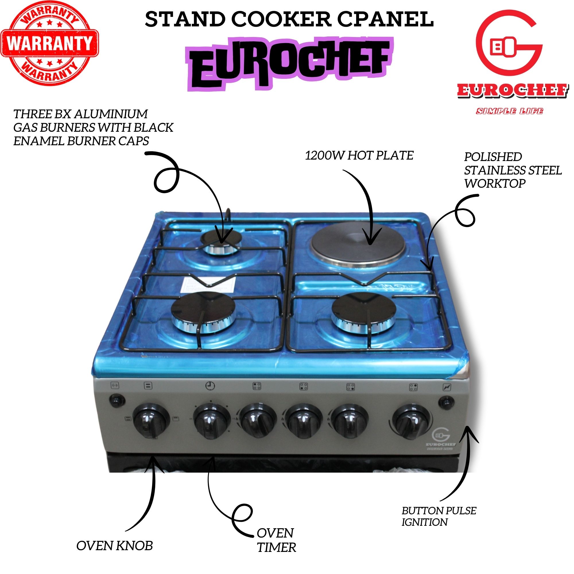Eurochef EG55-3G1E-E 3 Gas Burner + 1 Hot Plate with Electric Oven 55x50cm