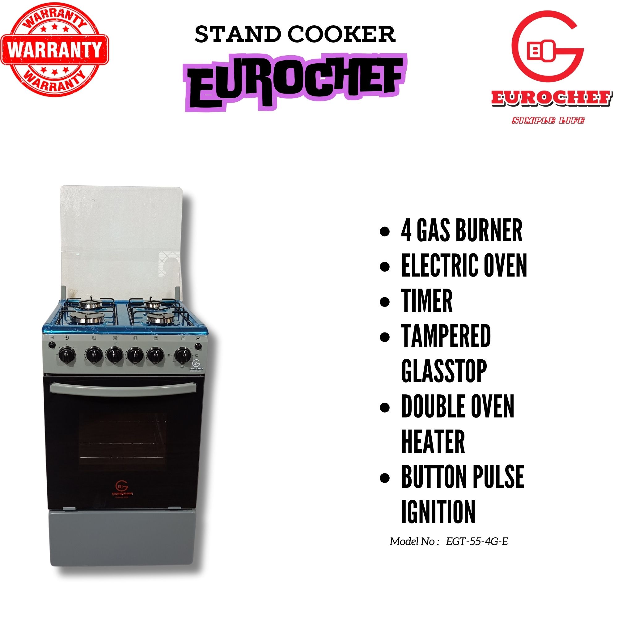 EUROCHEF EG55-4G+E 4 Gas Burner + Electric Oven Stand Gas Cooker  50x55cm
