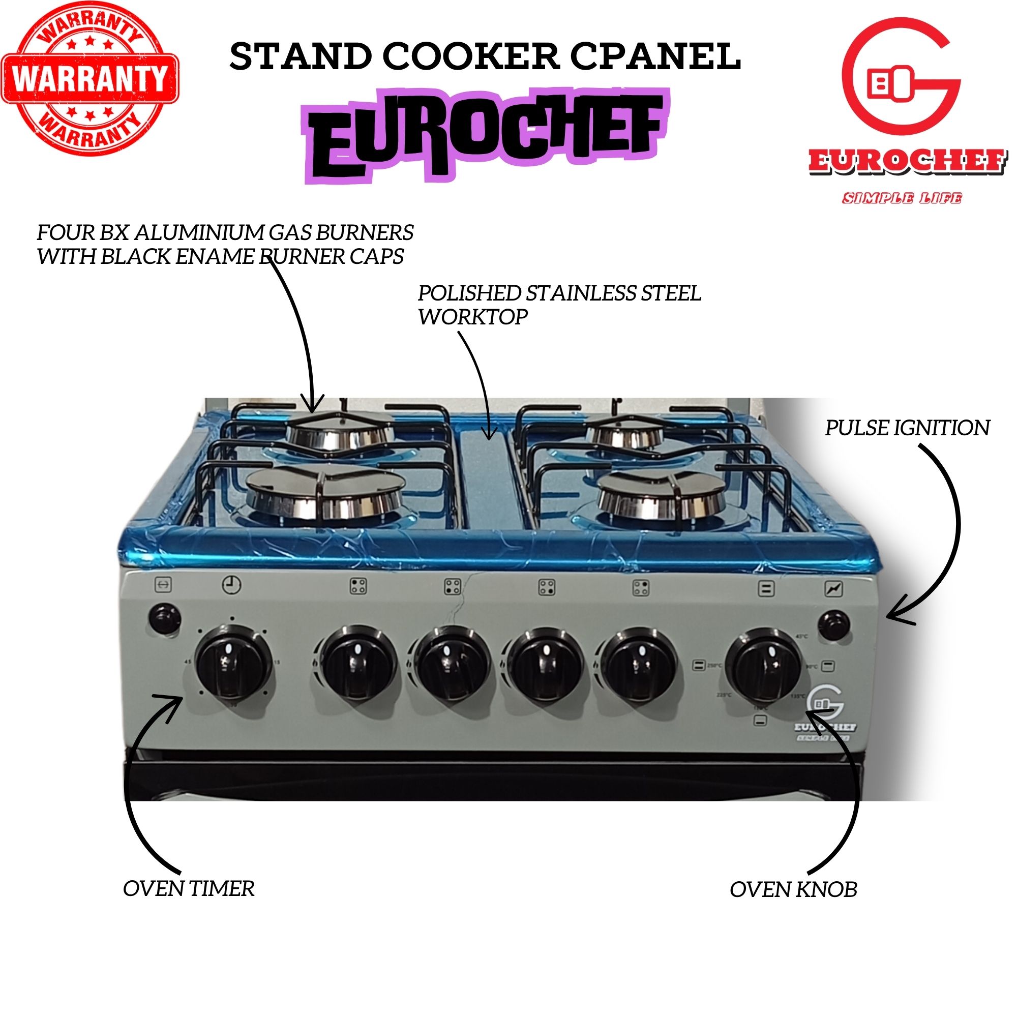 EUROCHEF EG55-4G+E 4 Gas Burner + Electric Oven Stand Gas Cooker  50x55cm