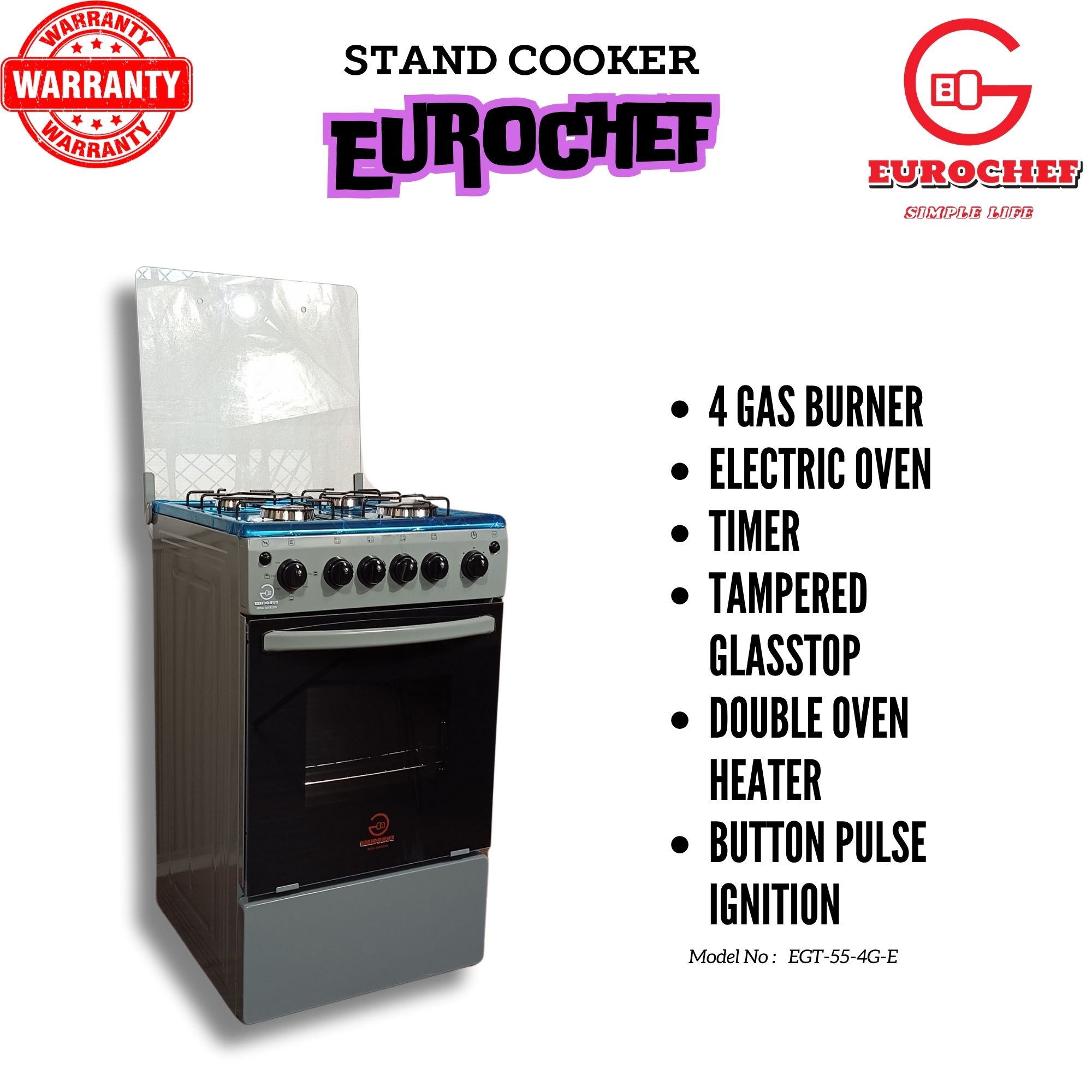 EUROCHEF EG55-4G+E 4 Gas Burner + Electric Oven Stand Gas Cooker  50x55cm