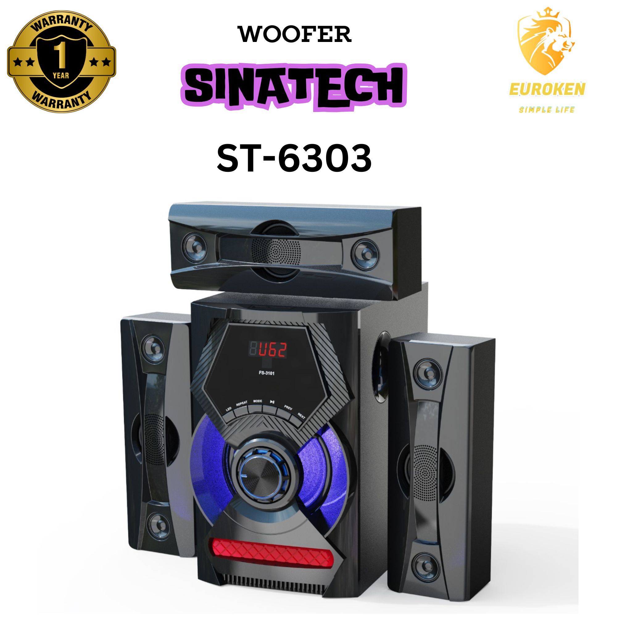 NEW SINATECH 3.1CH Multimedia Bluetooth Woofer Speaker System ST-6303 Subwoofer BT/USB/SD/FM Subwoofer Home Audio System  with Remote Control 20000W