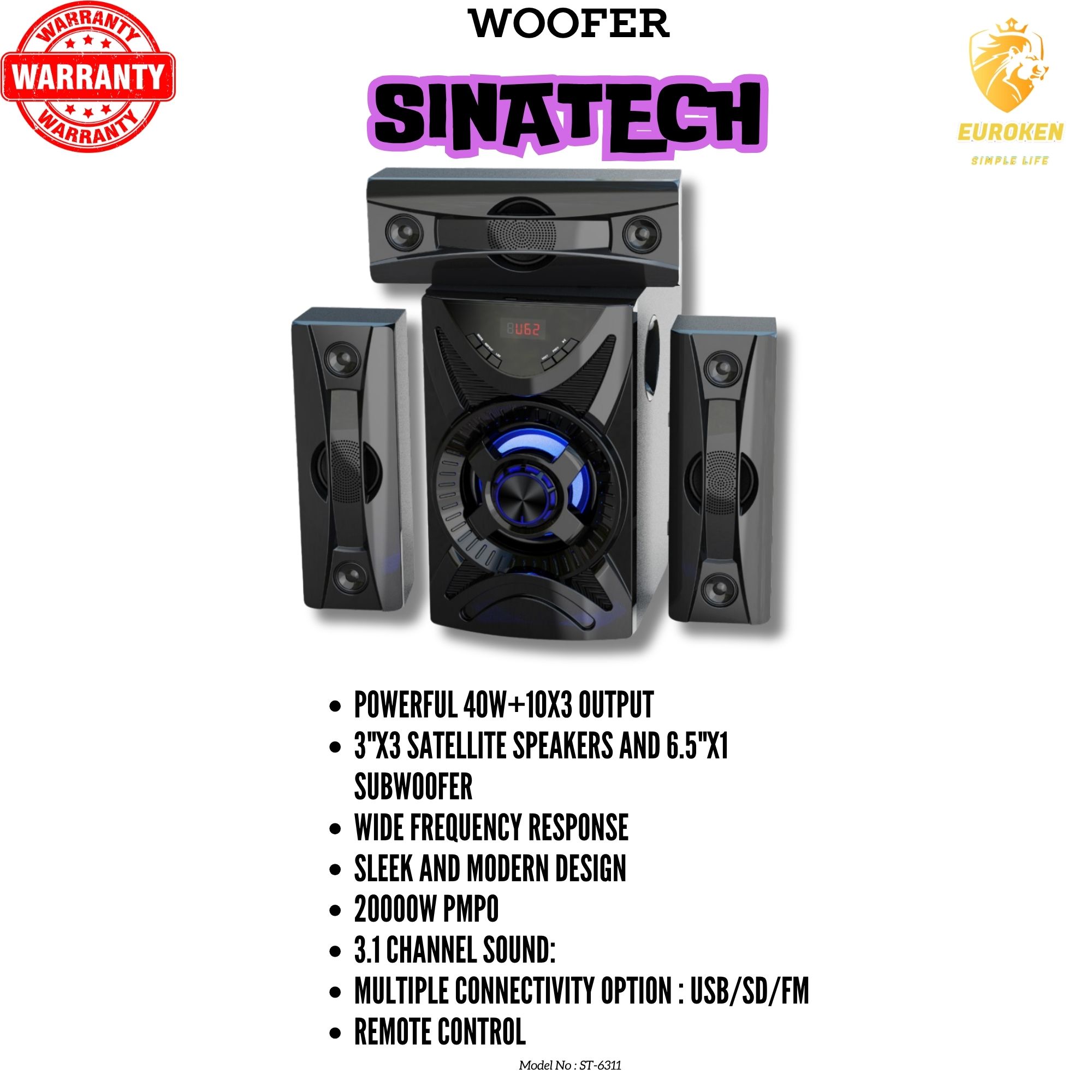 NEW SINATECH 3.1CH Multimedia Bluetooth Woofer Speaker System ST-6311 Subwoofer BT/USB/SD/FM Subwoofer Home Audio System  with Remote Control 20000W