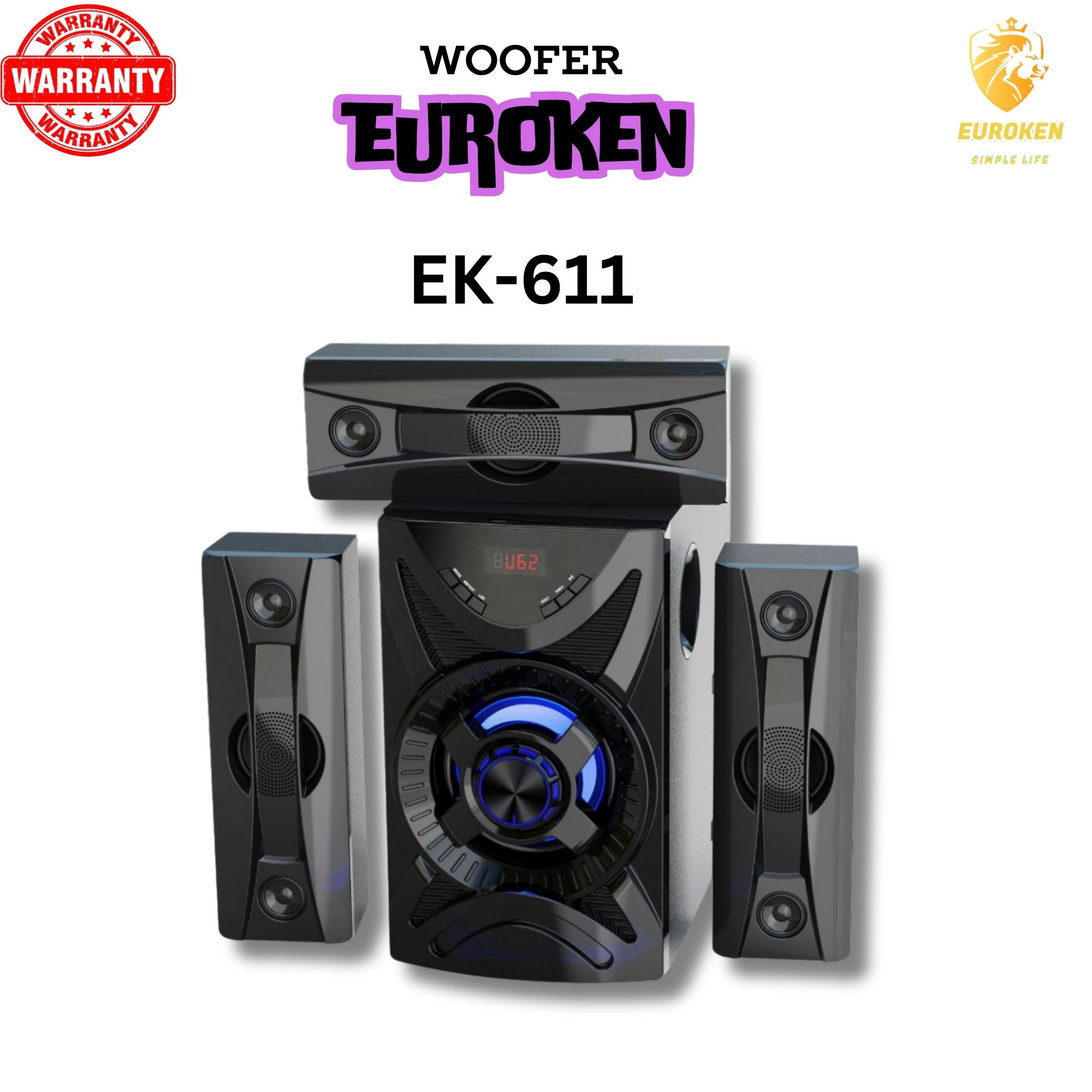 NEW EUROKEN 3.1CH Multimedia Bluetooth Woofer Speaker System EK-611 Subwoofer BT/USB/SD/FM Subwoofer Home Audio System  with Remote Control 20000W