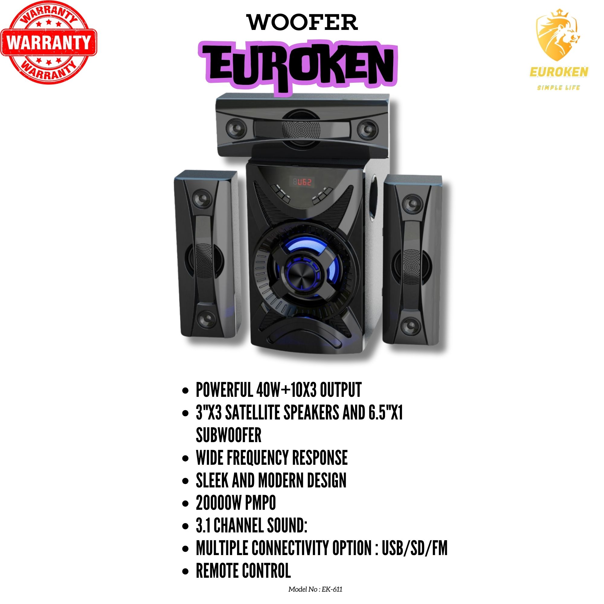NEW EUROKEN 3.1CH Multimedia Bluetooth Woofer Speaker System EK-611 Subwoofer BT/USB/SD/FM Subwoofer Home Audio System  with Remote Control 20000W